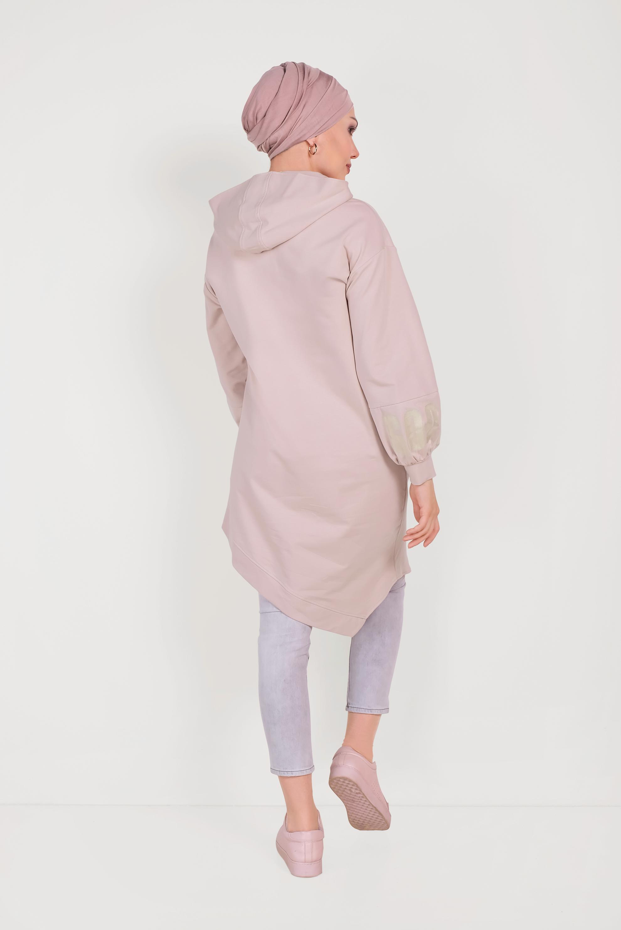 Tesettür giyim PUDRA ASİMETRİK KESİM BASKILI EŞOFMAN TUNİK 40607 