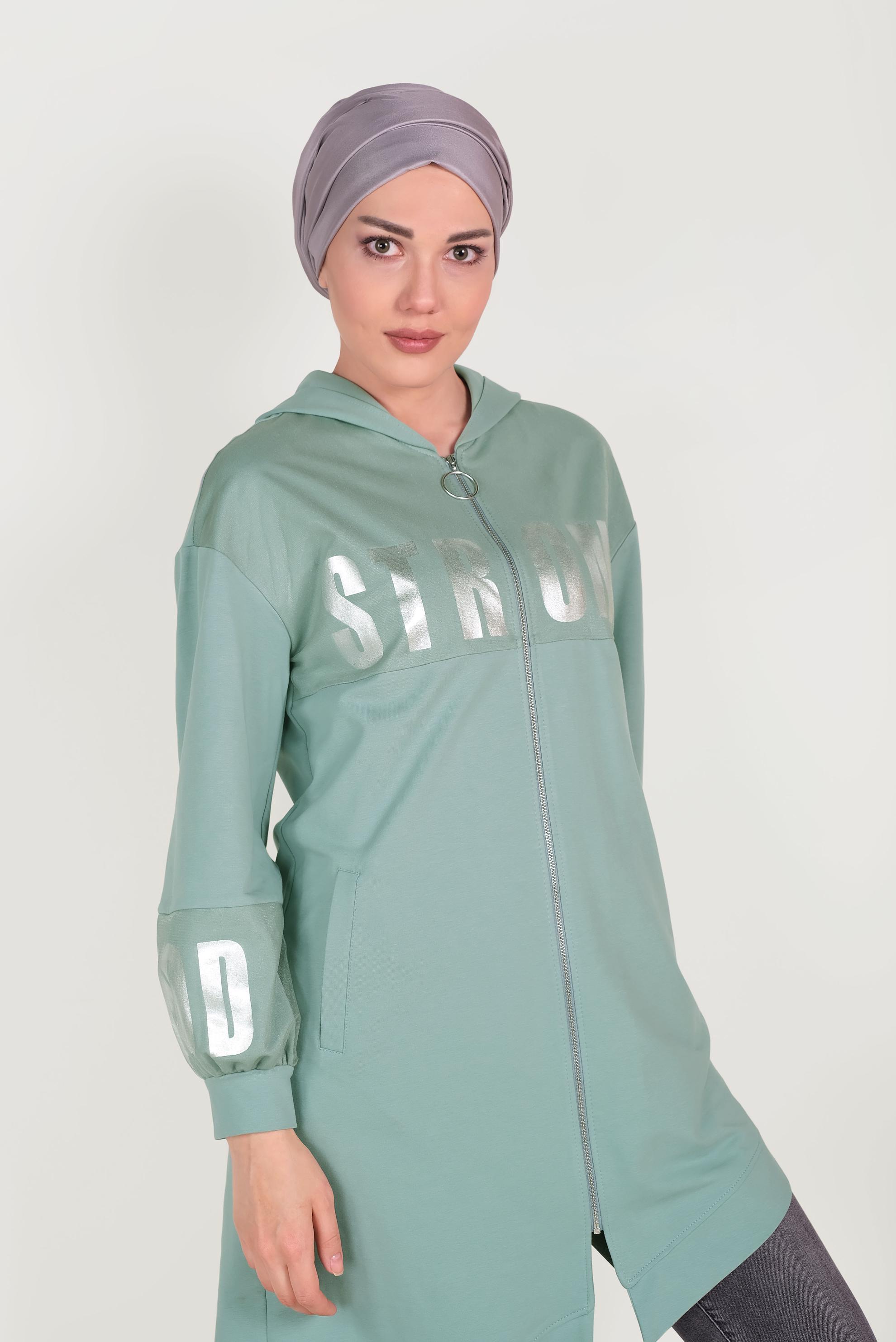 Tesettür giyim YEŞİL ASİMETRİK KESİM BASKILI EŞOFMAN TUNİK 40607 