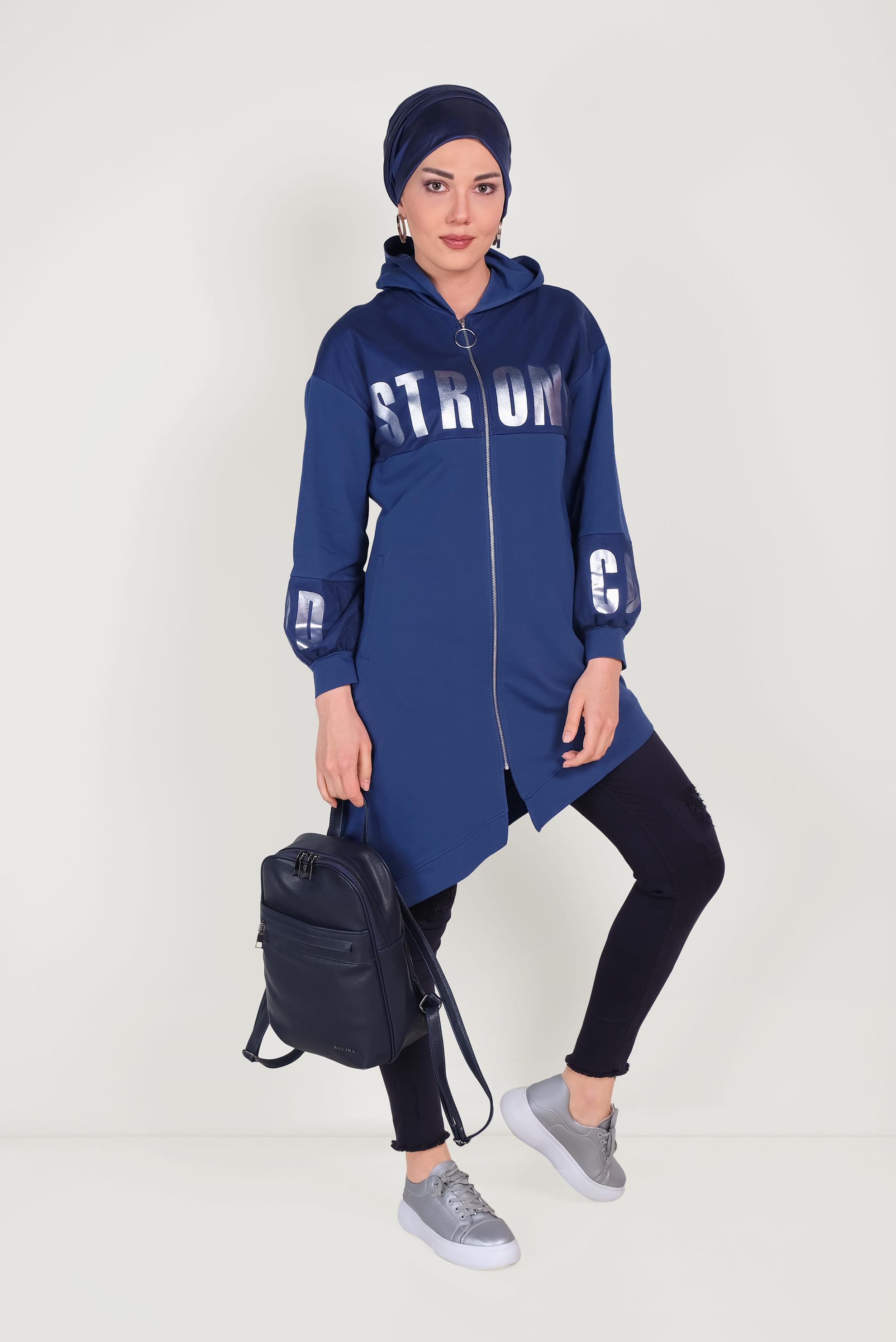 Tesettür giyim LACİVERT ASİMETRİK KESİM BASKILI EŞOFMAN TUNİK 40607 