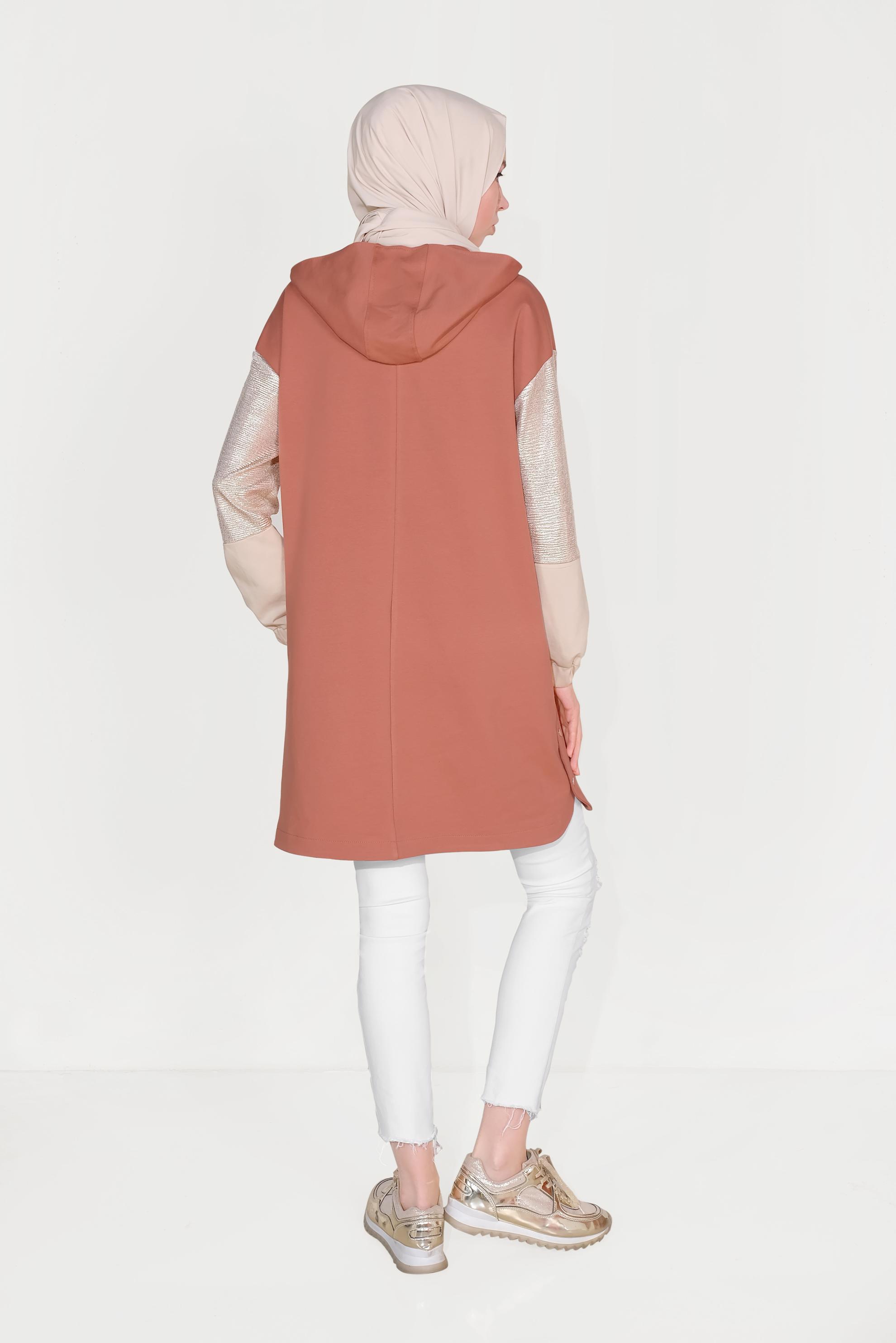 Tesettür giyim TURUNCU YANI ÇITÇITLI KAPÜŞONLU EŞOFMAN TUNİK 40608 