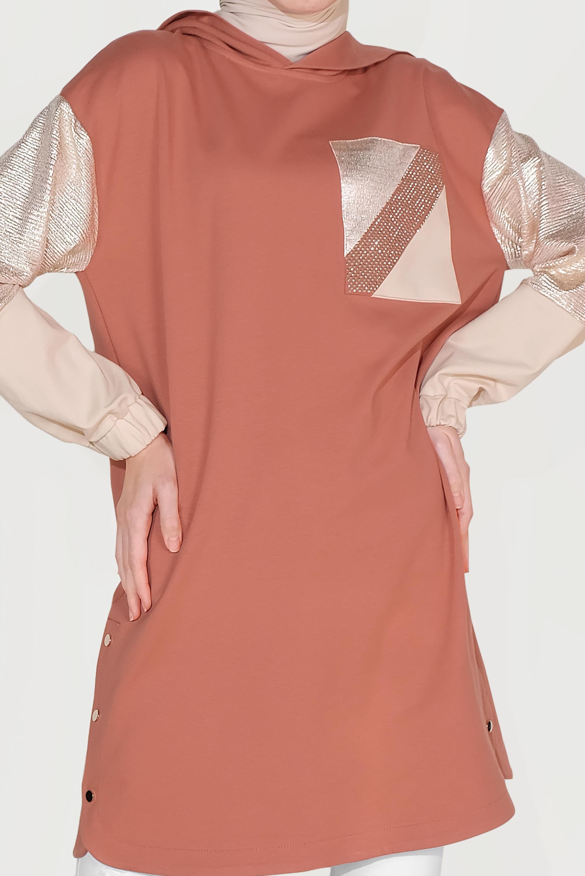 Tesettür giyim TURUNCU YANI ÇITÇITLI KAPÜŞONLU EŞOFMAN TUNİK 40608 