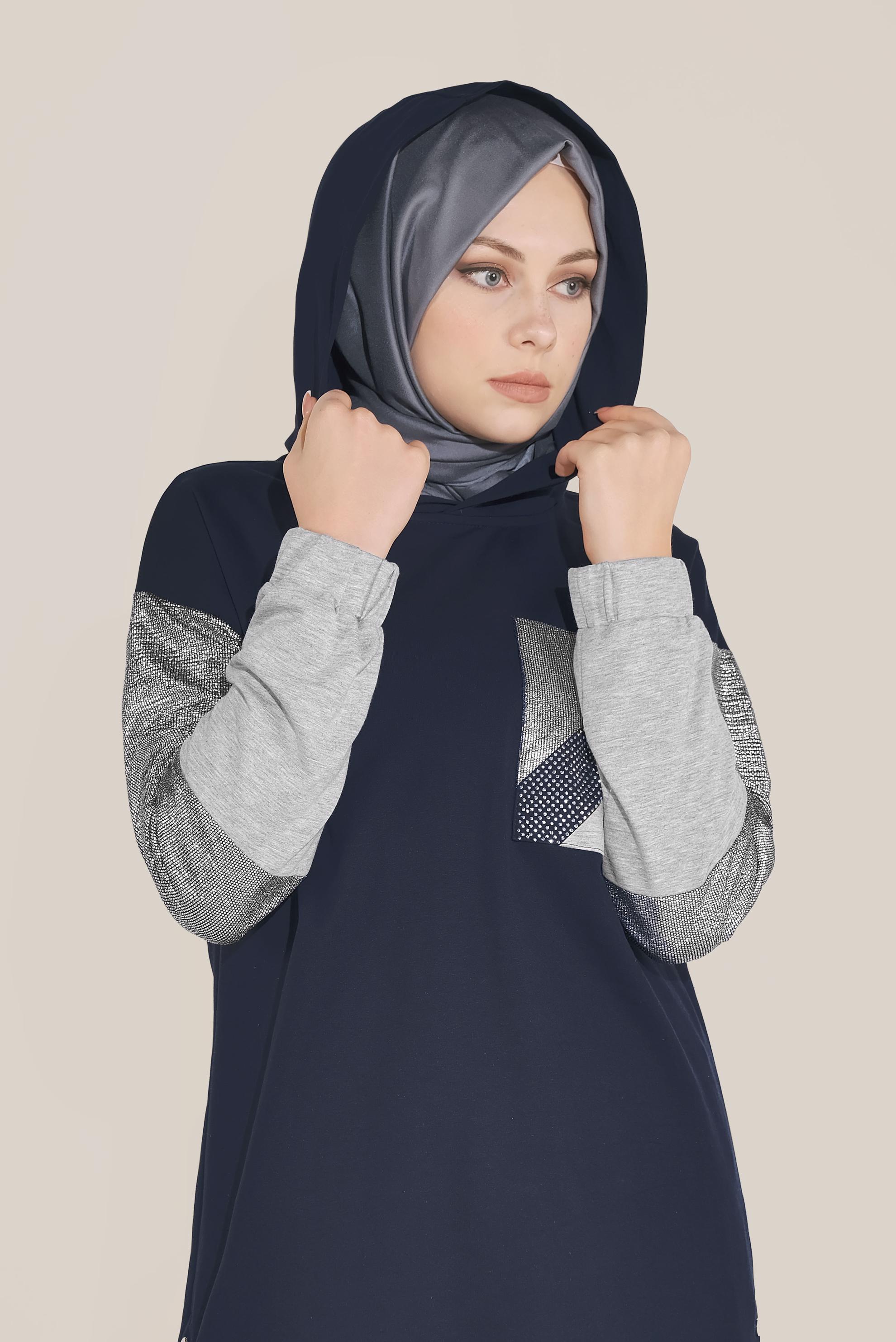 Tesettür giyim LACİVERT YANI ÇITÇITLI KAPÜŞONLU EŞOFMAN TUNİK 40608 