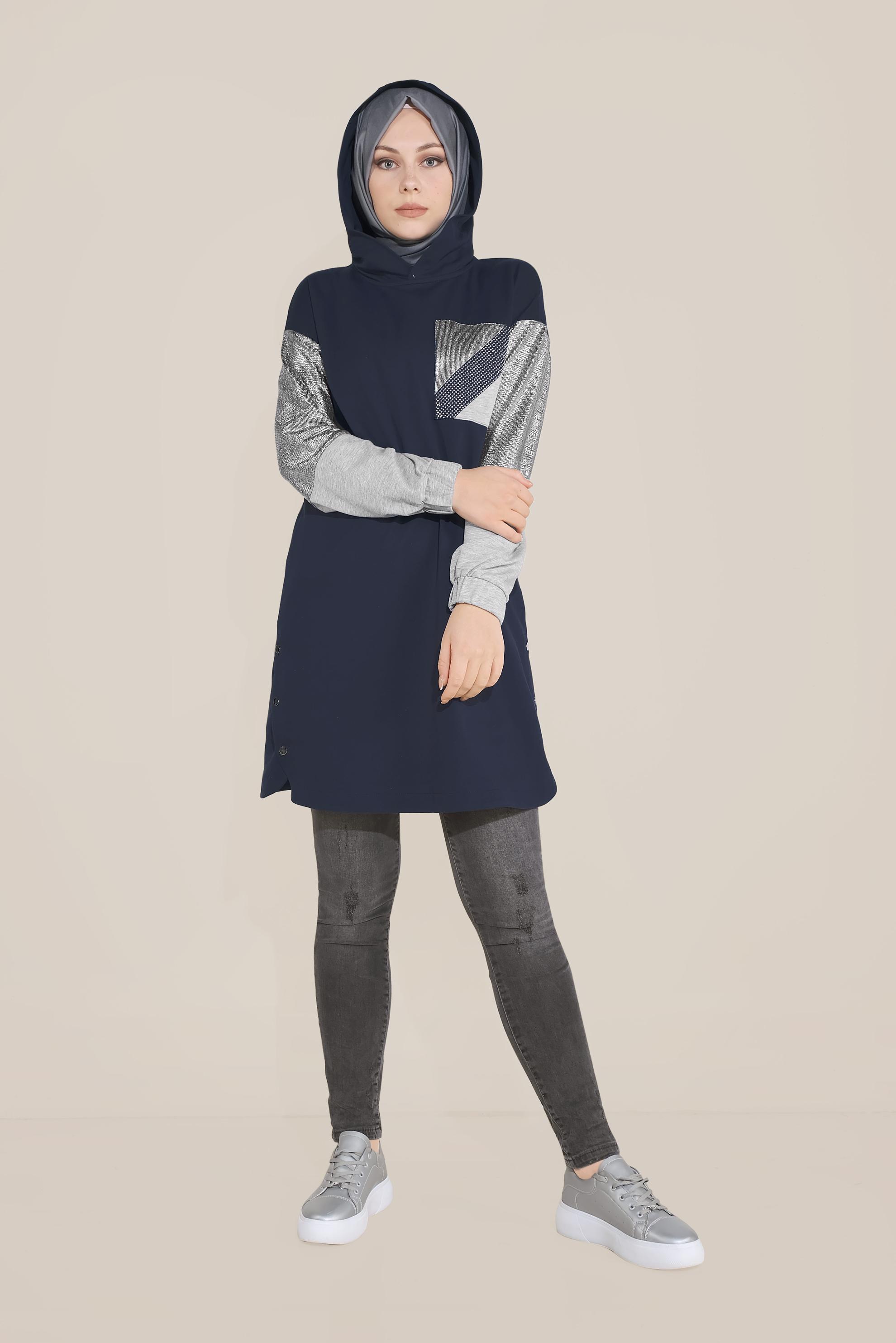 Tesettür giyim LACİVERT YANI ÇITÇITLI KAPÜŞONLU EŞOFMAN TUNİK 40608 