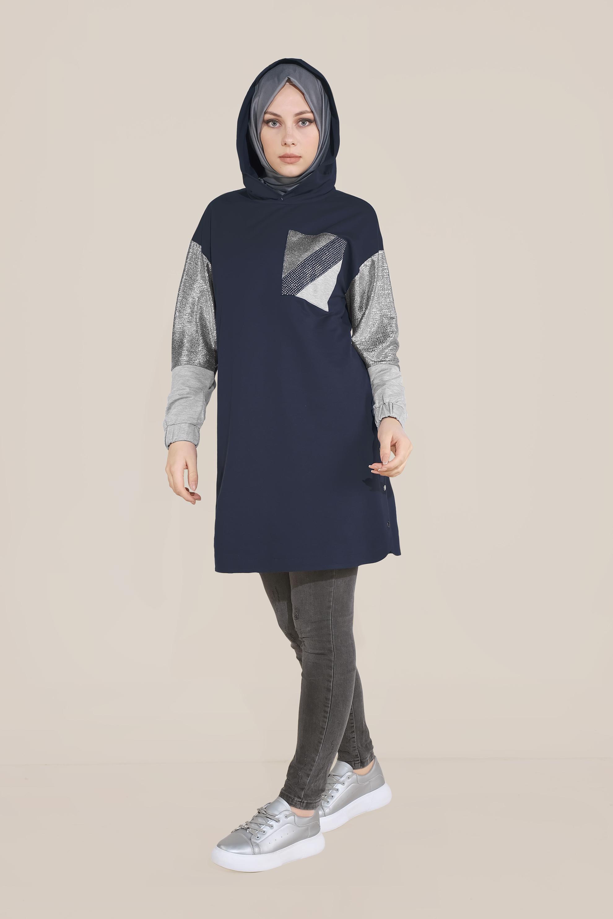 Tesettür giyim LACİVERT YANI ÇITÇITLI KAPÜŞONLU EŞOFMAN TUNİK 40608 