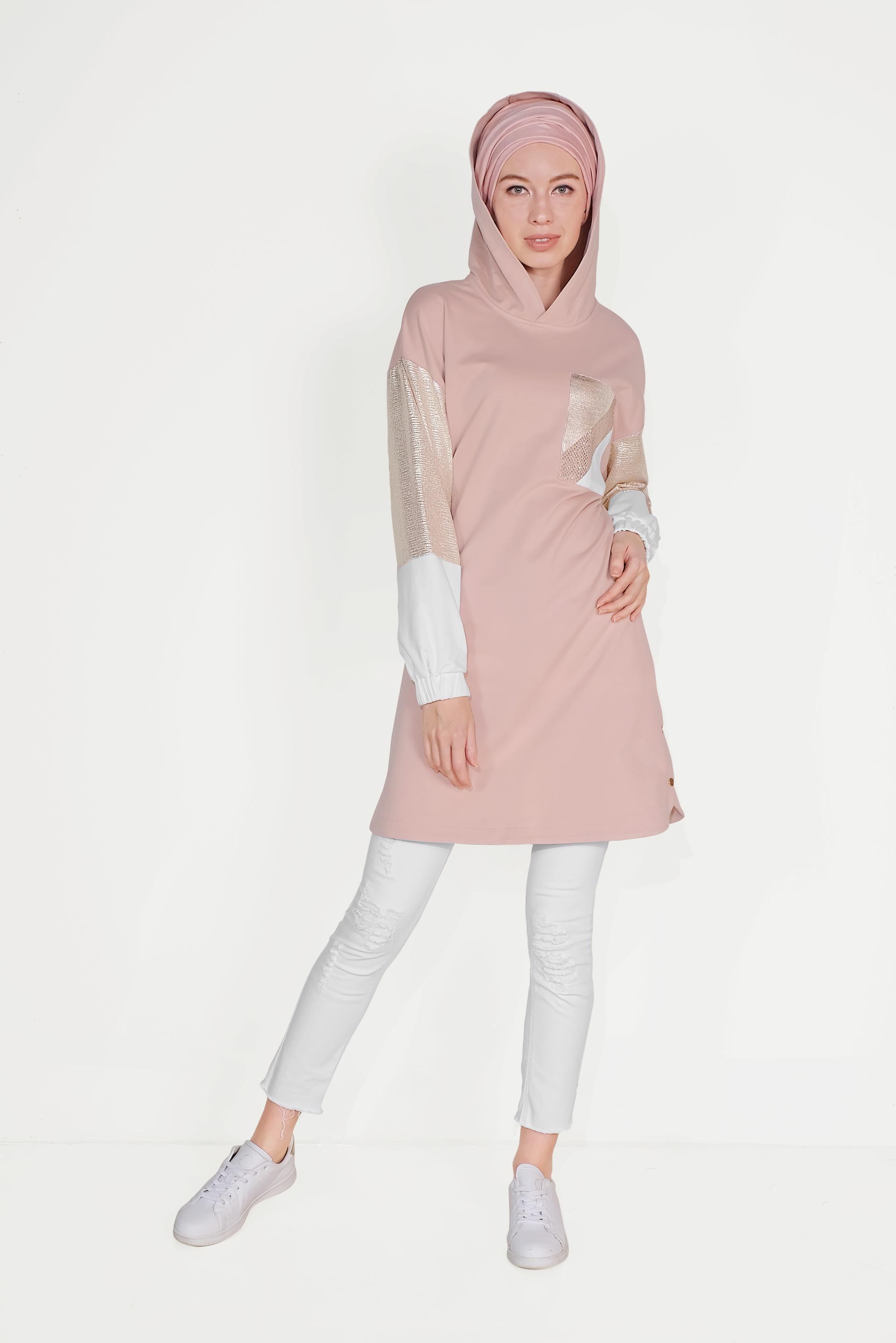 Tesettür giyim PUDRA YANI ÇITÇITLI KAPÜŞONLU EŞOFMAN TUNİK 40608 