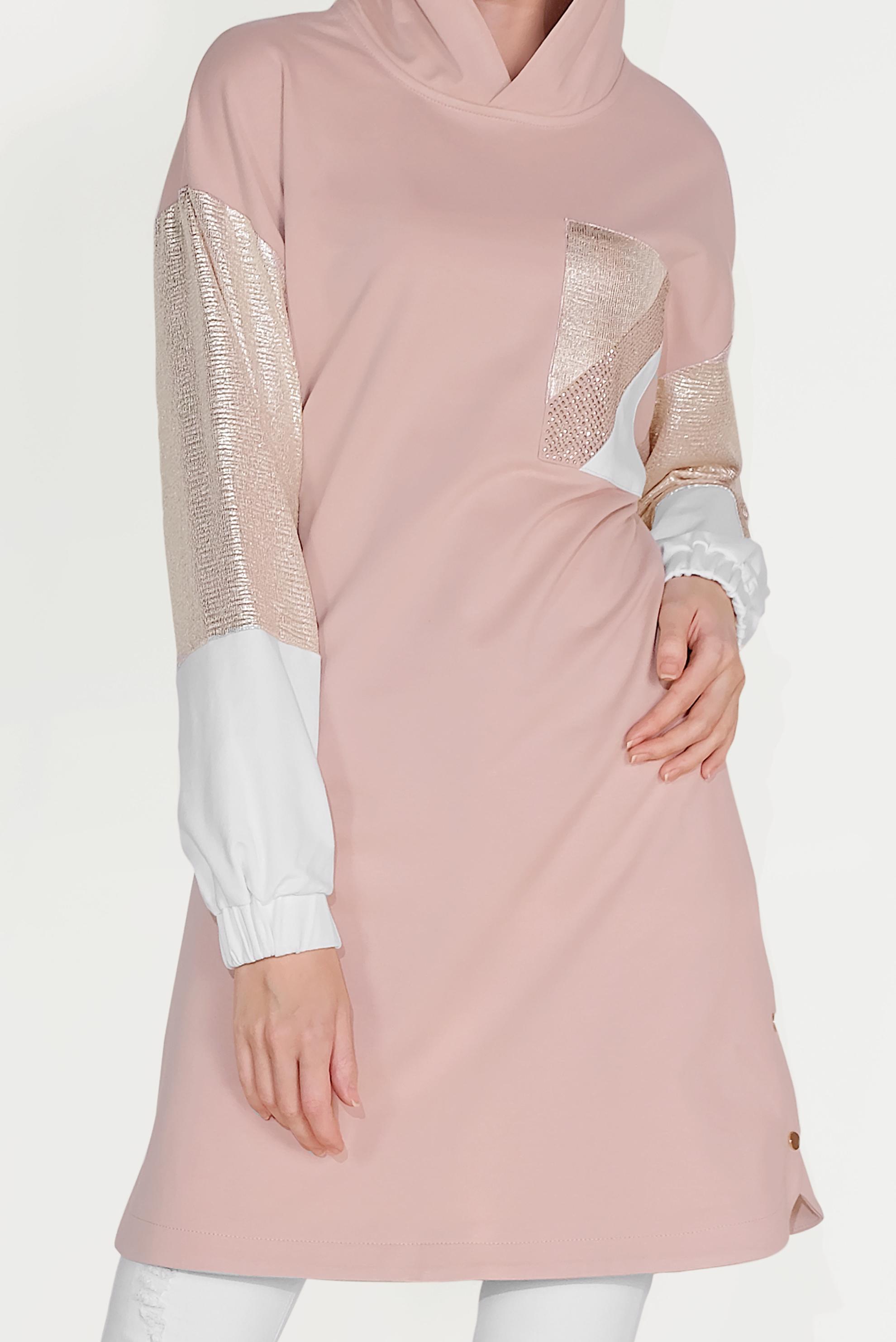 Tesettür giyim PUDRA YANI ÇITÇITLI KAPÜŞONLU EŞOFMAN TUNİK 40608 