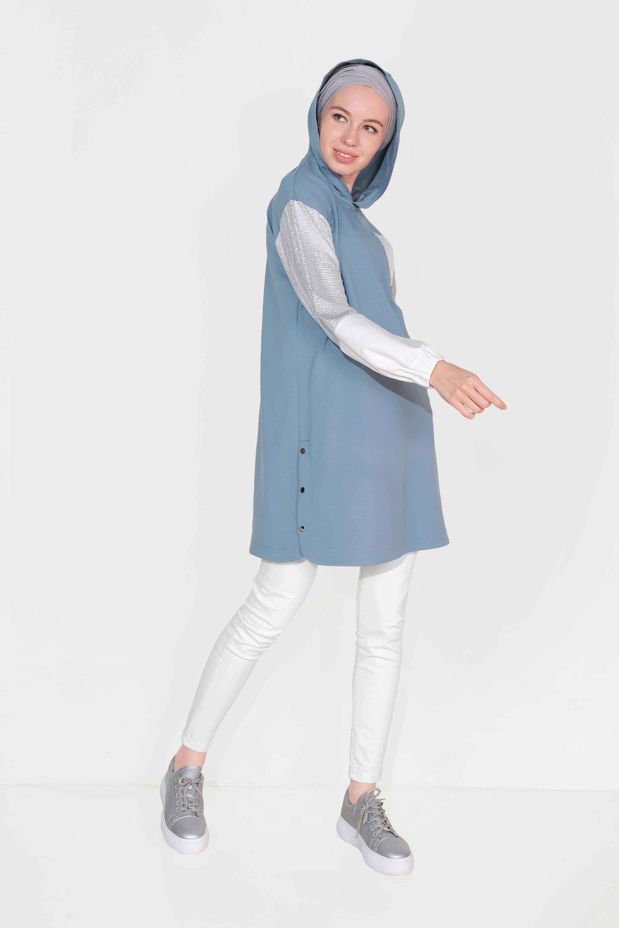 Tesettür giyim MAVİ YANI ÇITÇITLI KAPÜŞONLU EŞOFMAN TUNİK 40608 