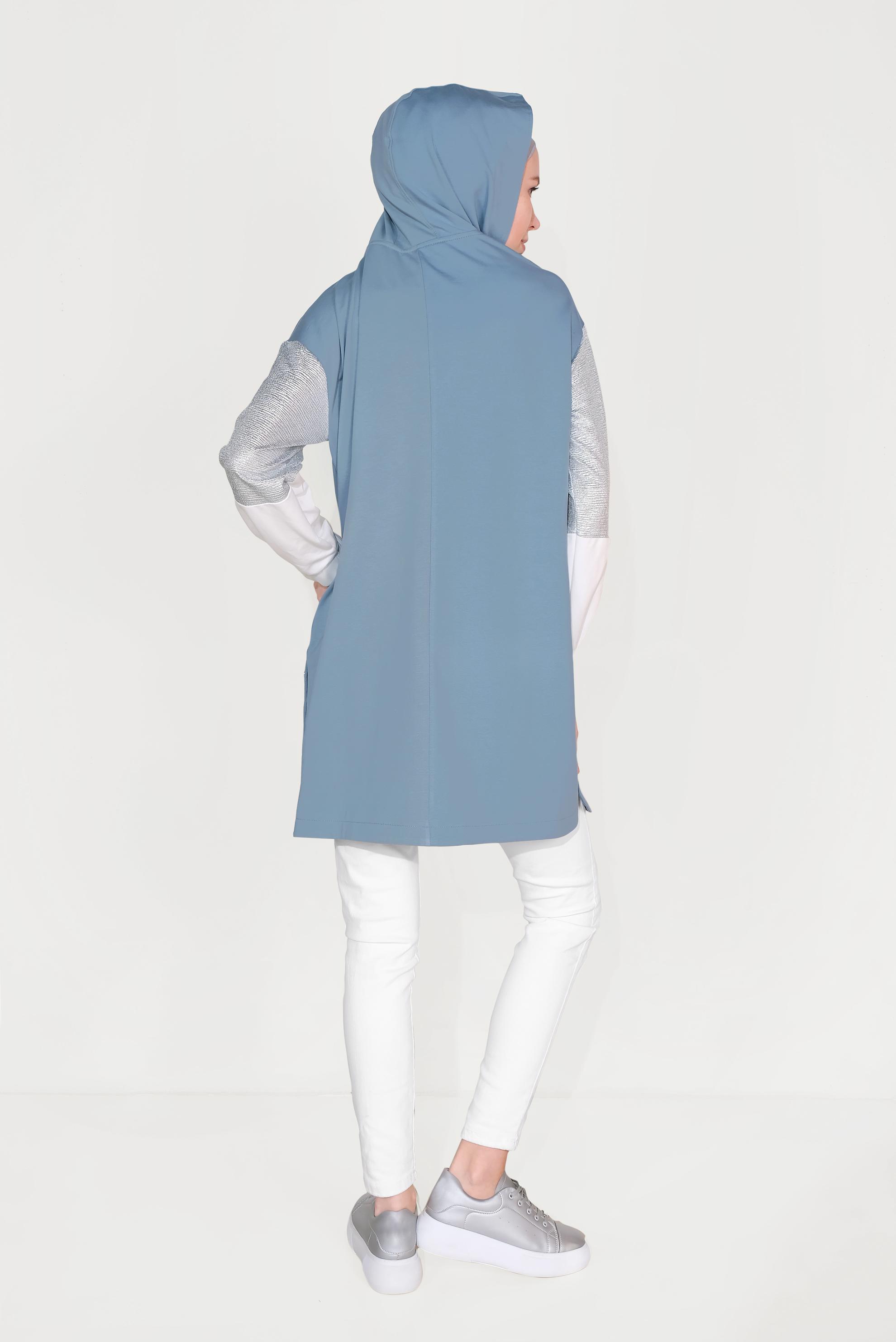 Tesettür giyim MAVİ YANI ÇITÇITLI KAPÜŞONLU EŞOFMAN TUNİK 40608 