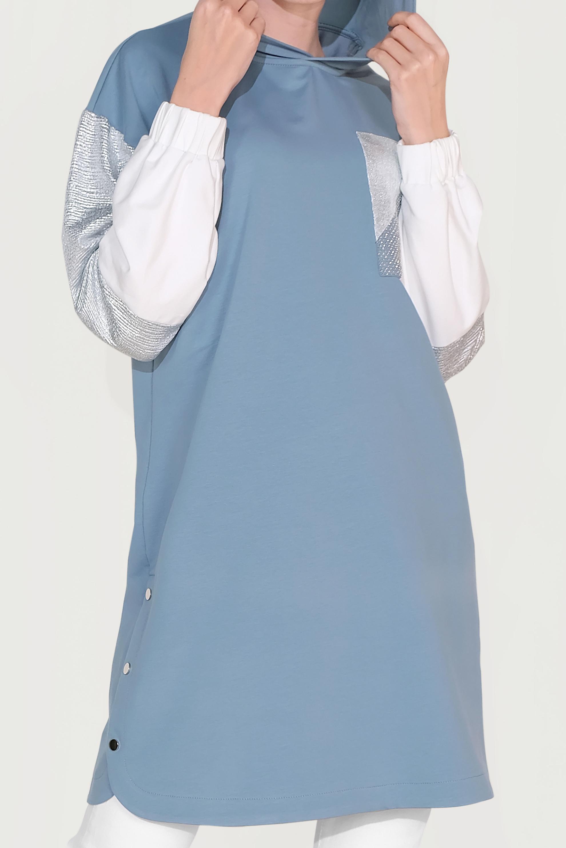 Tesettür giyim MAVİ YANI ÇITÇITLI KAPÜŞONLU EŞOFMAN TUNİK 40608 