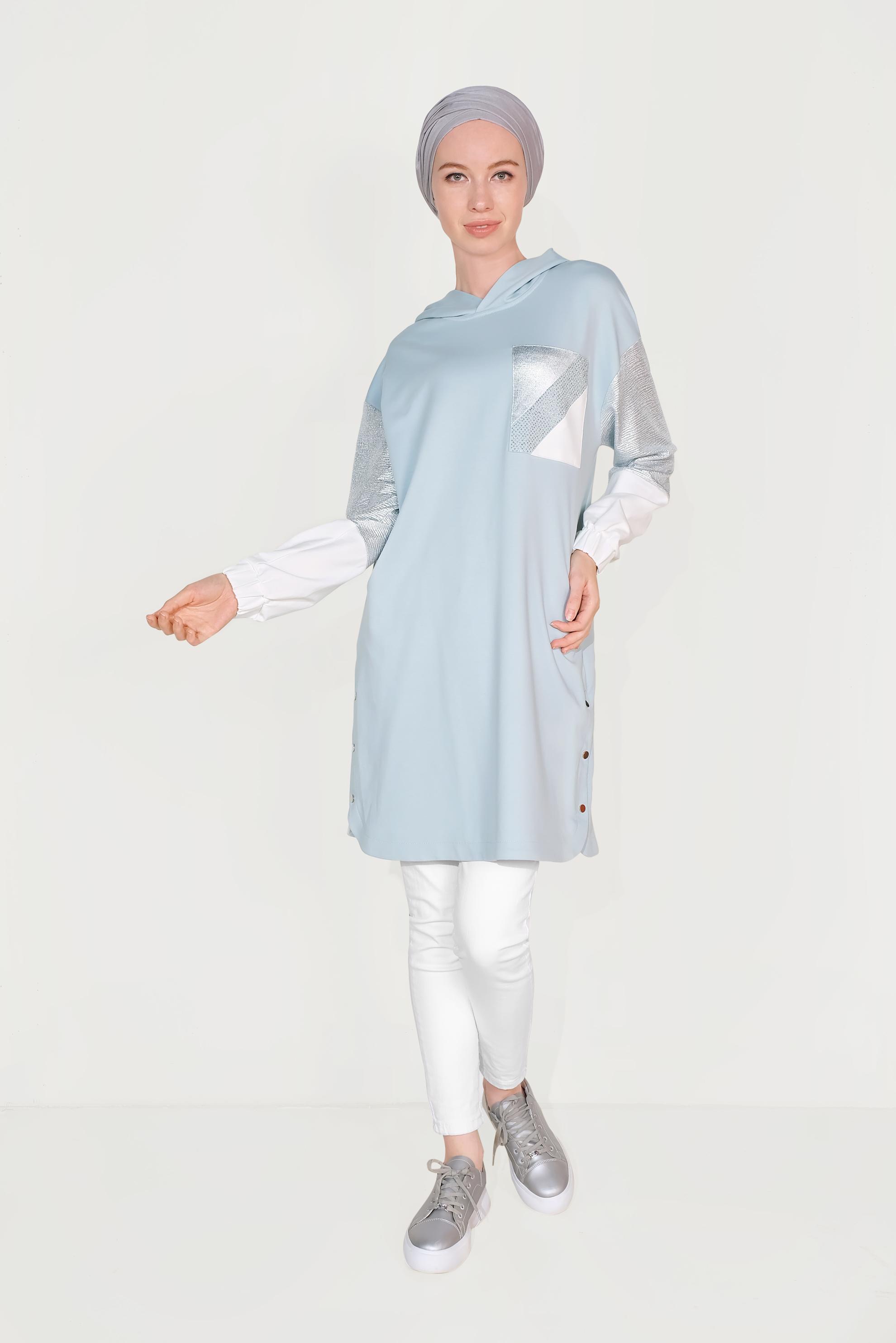 Tesettür giyim MAVİ YANI ÇITÇITLI KAPÜŞONLU EŞOFMAN TUNİK 40608 
