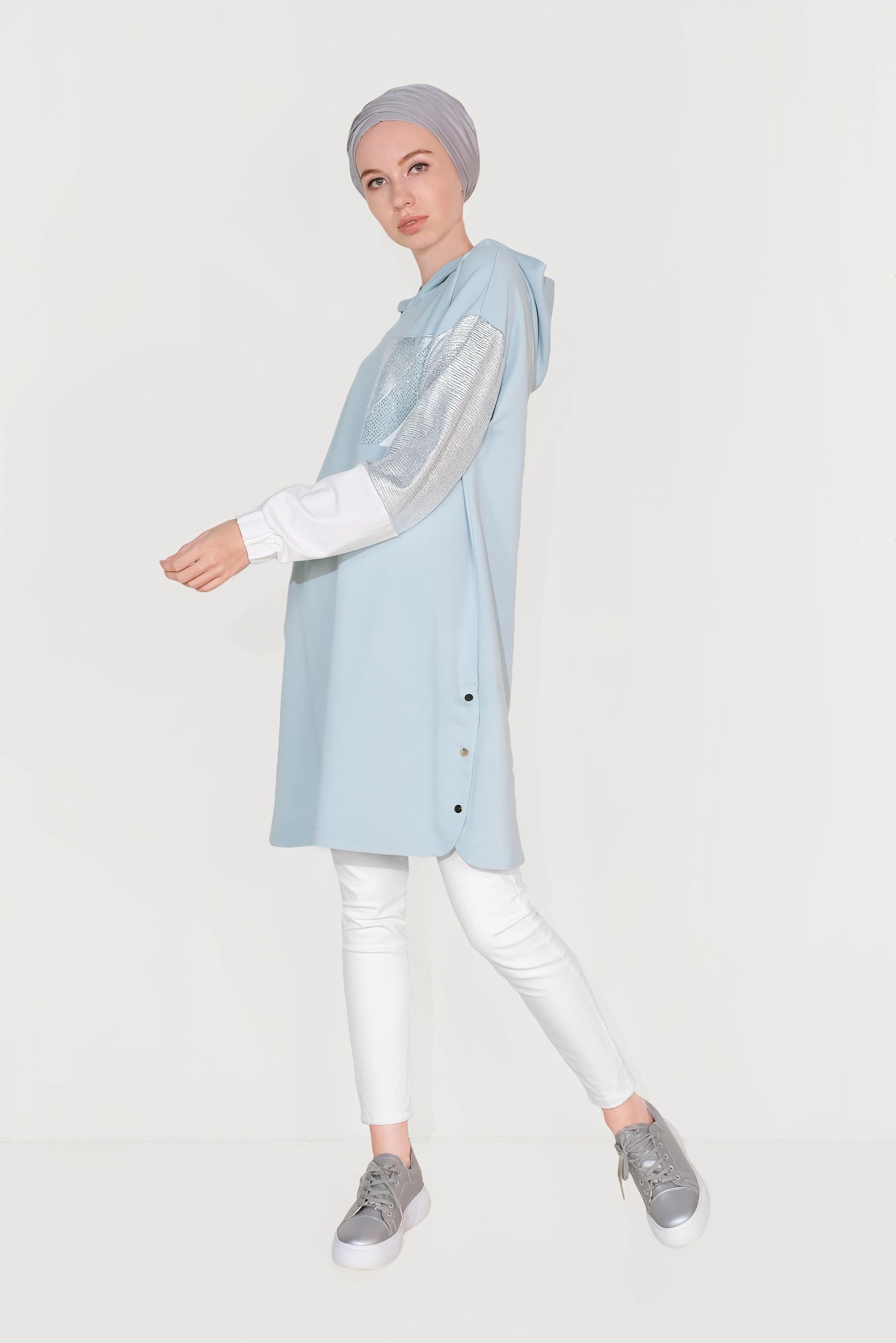 Tesettür giyim MAVİ YANI ÇITÇITLI KAPÜŞONLU EŞOFMAN TUNİK 40608 