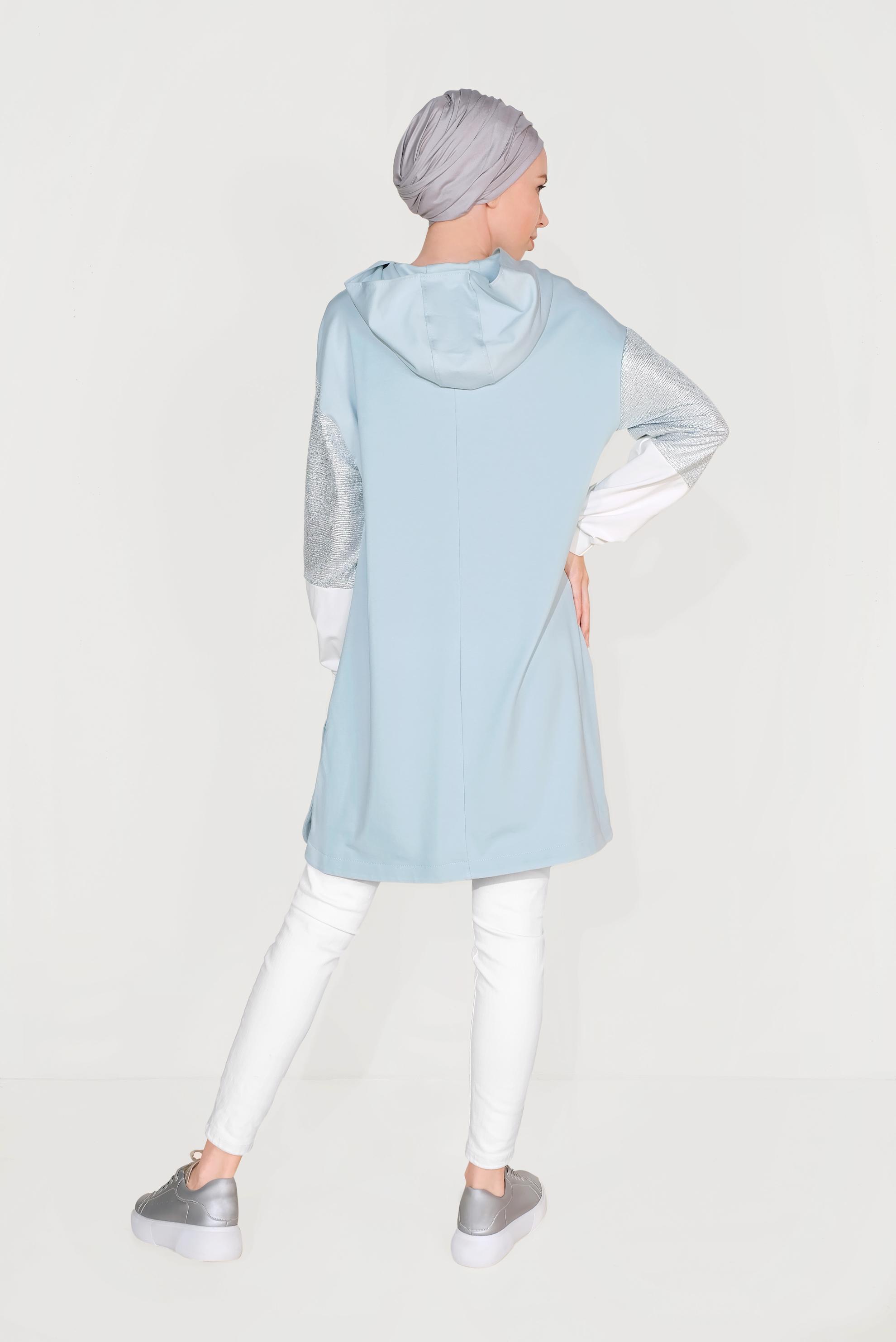 Tesettür giyim MAVİ YANI ÇITÇITLI KAPÜŞONLU EŞOFMAN TUNİK 40608 