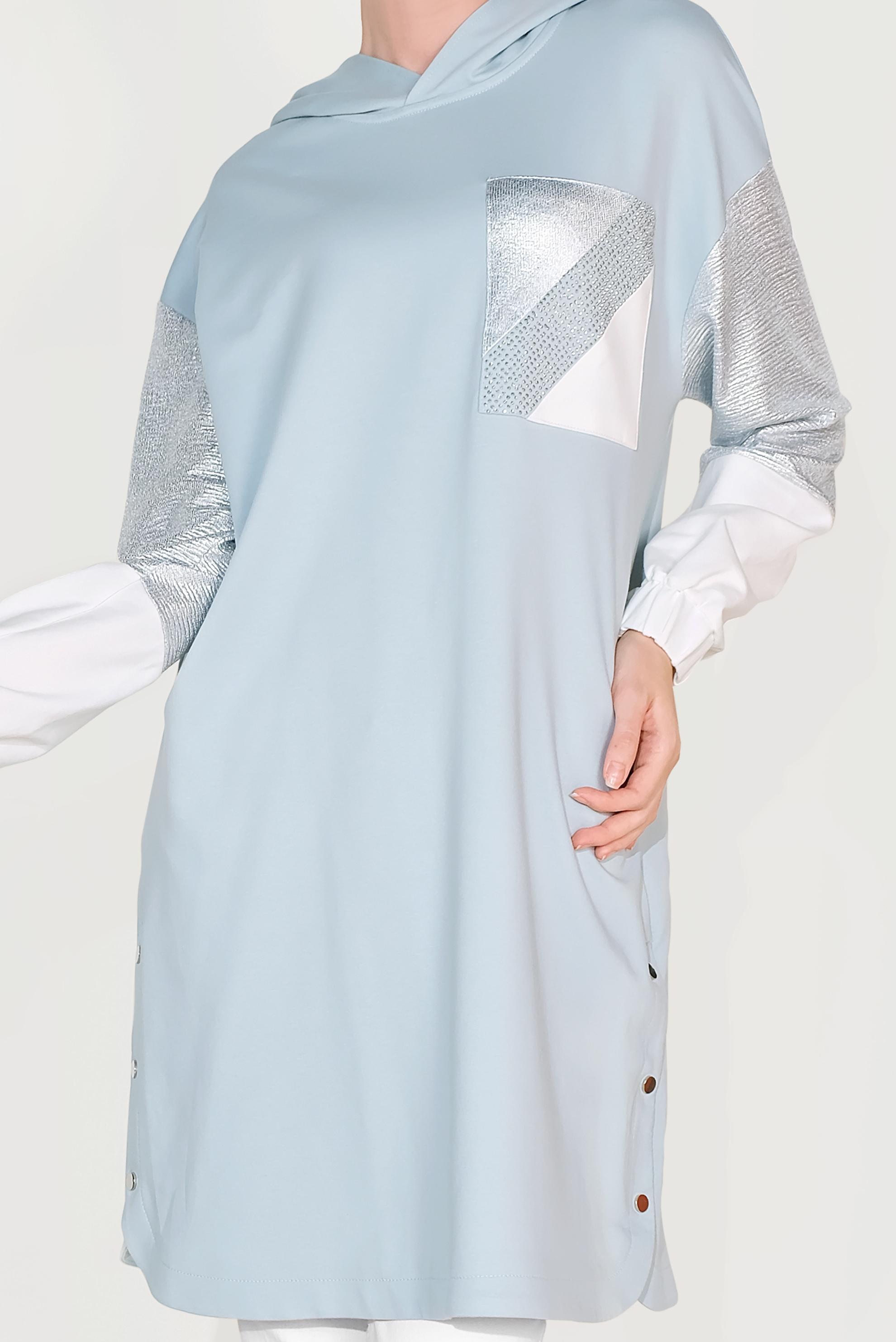 Tesettür giyim MAVİ YANI ÇITÇITLI KAPÜŞONLU EŞOFMAN TUNİK 40608 