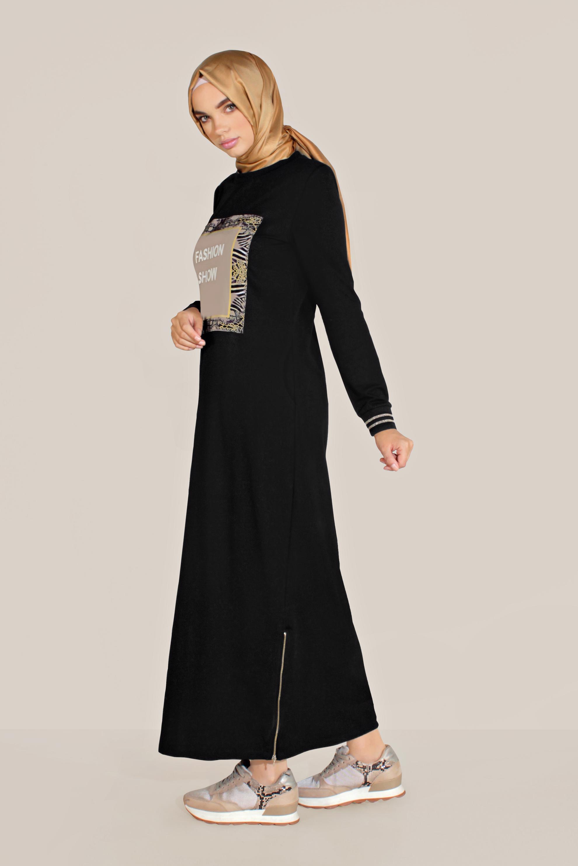 Vêtements hijab NOIR ROBE COMME SURVÊTEMENT EN COTON ÉCRITURE IMPRIMÉ 40609