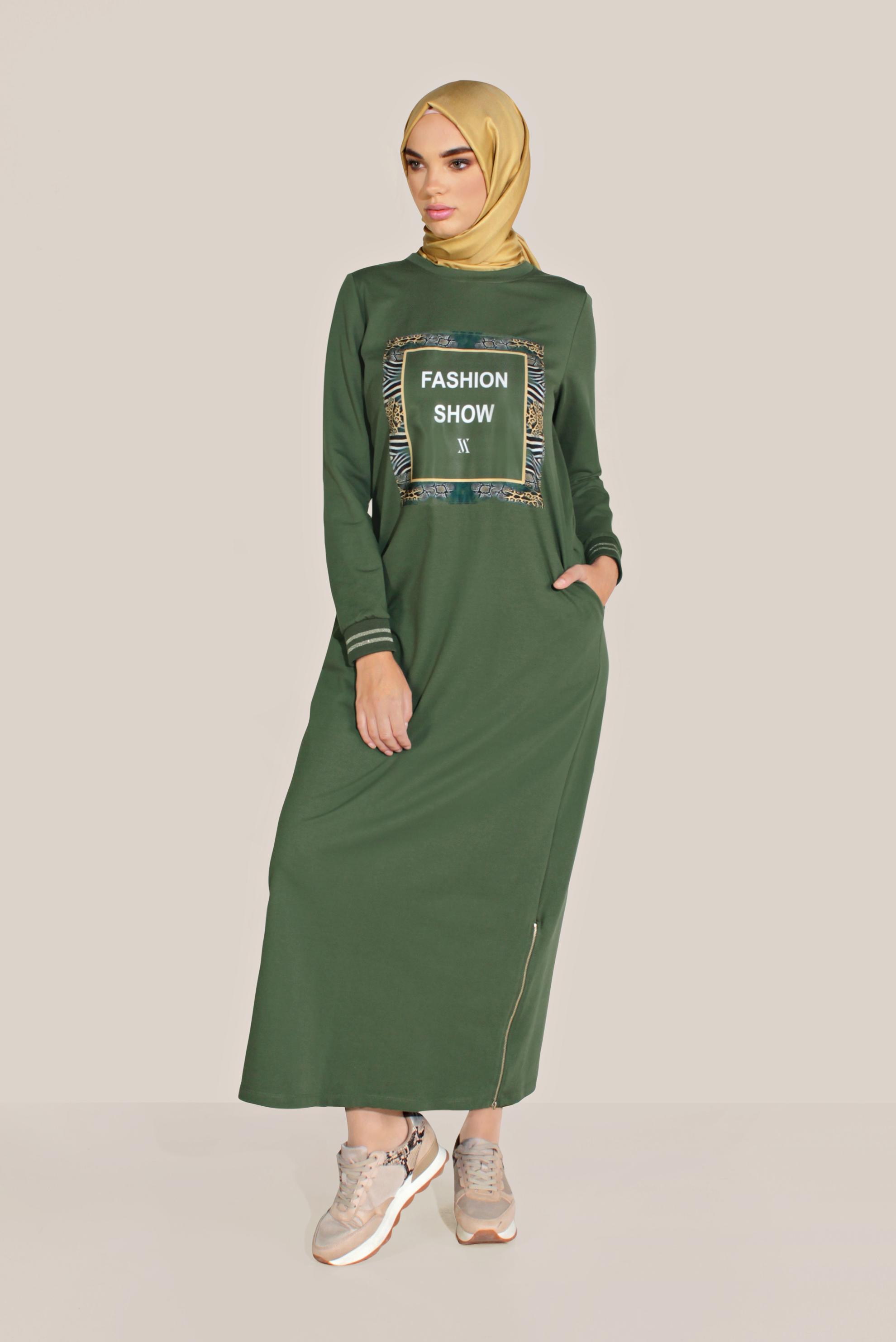 Vêtements hijab KAKI ROBE COMME SURVÊTEMENT EN COTON ÉCRITURE IMPRIMÉ 40609