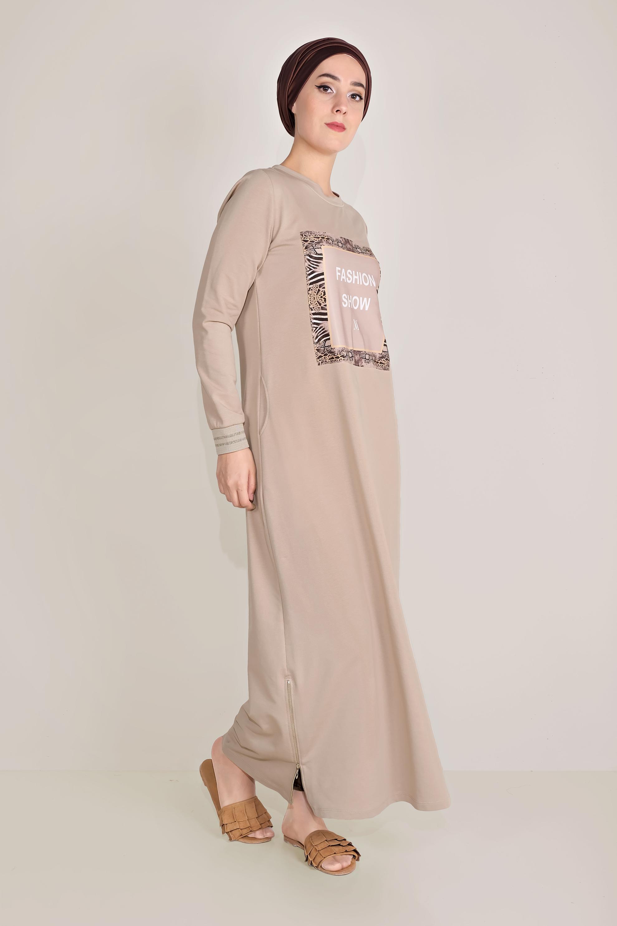 Hijab clothing BEIGE WRITING-PRINTING COTTON TRACKSUIT DRESS 40609