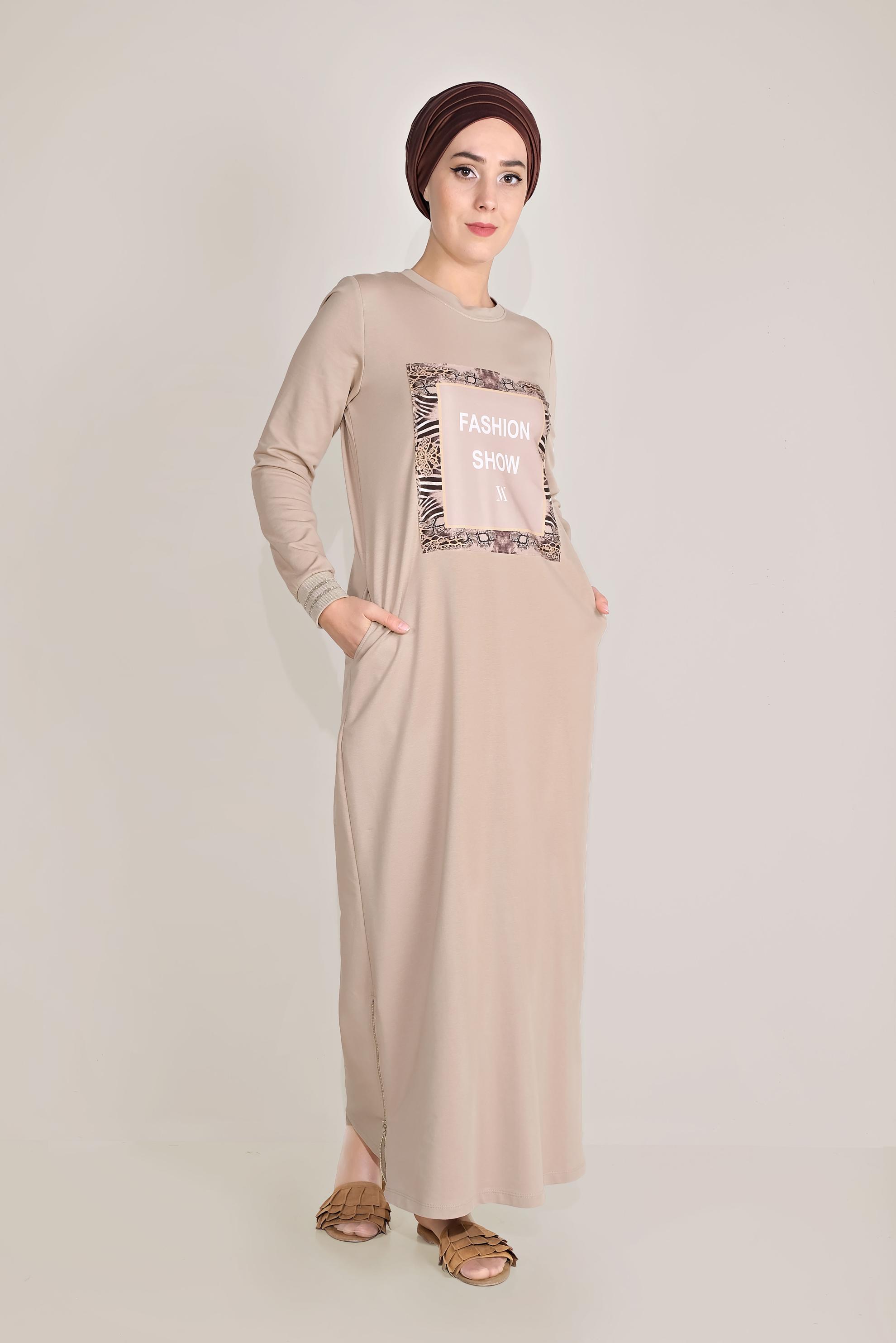 Hijab clothing BEIGE WRITING-PRINTING COTTON TRACKSUIT DRESS 40609