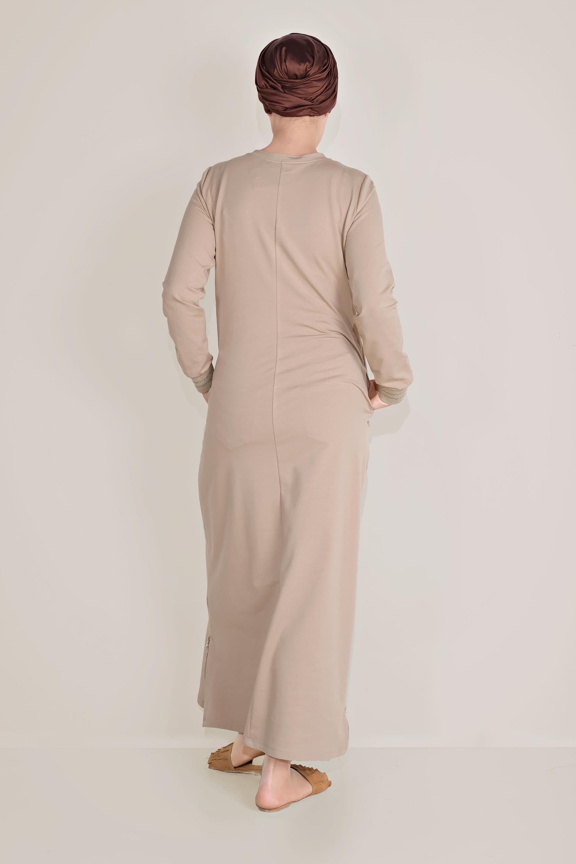 Hijab clothing BEIGE WRITING-PRINTING COTTON TRACKSUIT DRESS 40609