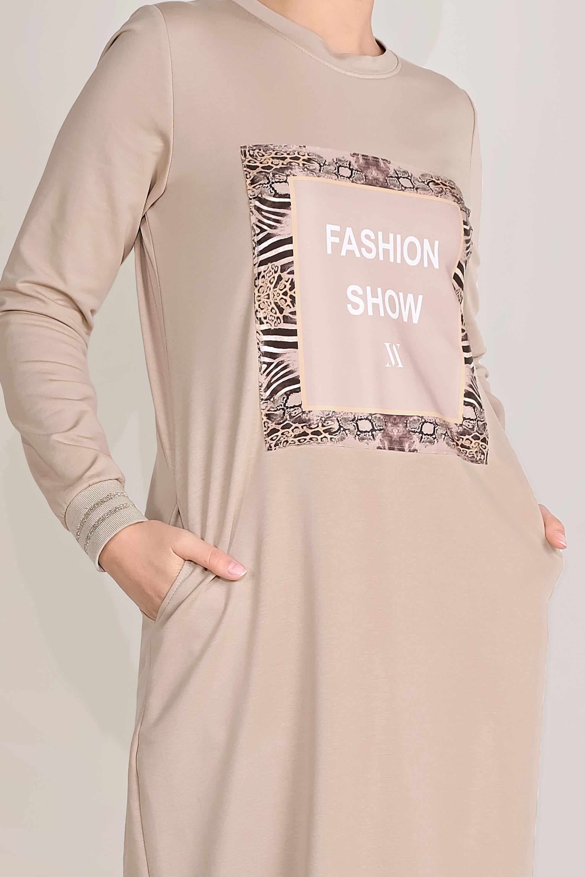 Hijab clothing BEIGE WRITING-PRINTING COTTON TRACKSUIT DRESS 40609