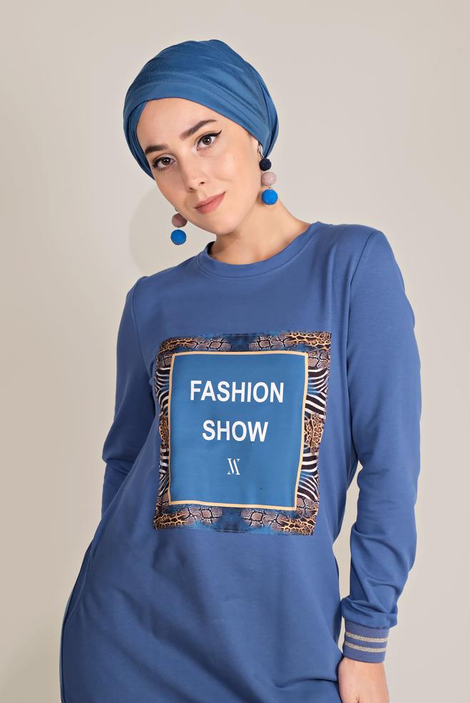 Hijab clothing NAVY BLUE WRITING-PRINTING COTTON TRACKSUIT DRESS 40609 - ALVİNA