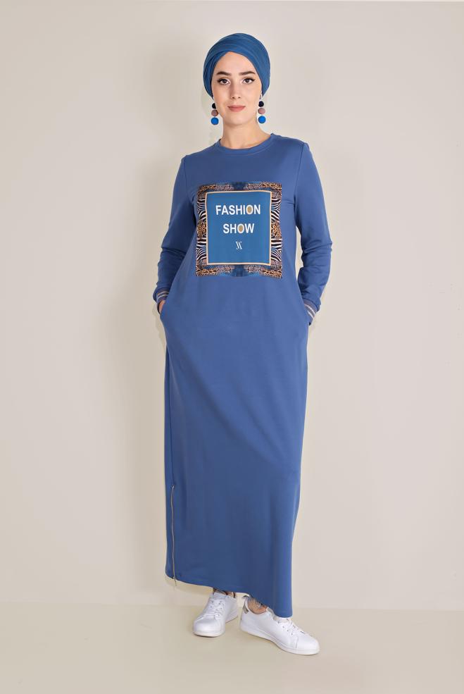 Hijab clothing NAVY BLUE WRITING-PRINTING COTTON TRACKSUIT DRESS 40609 - ALVİNA