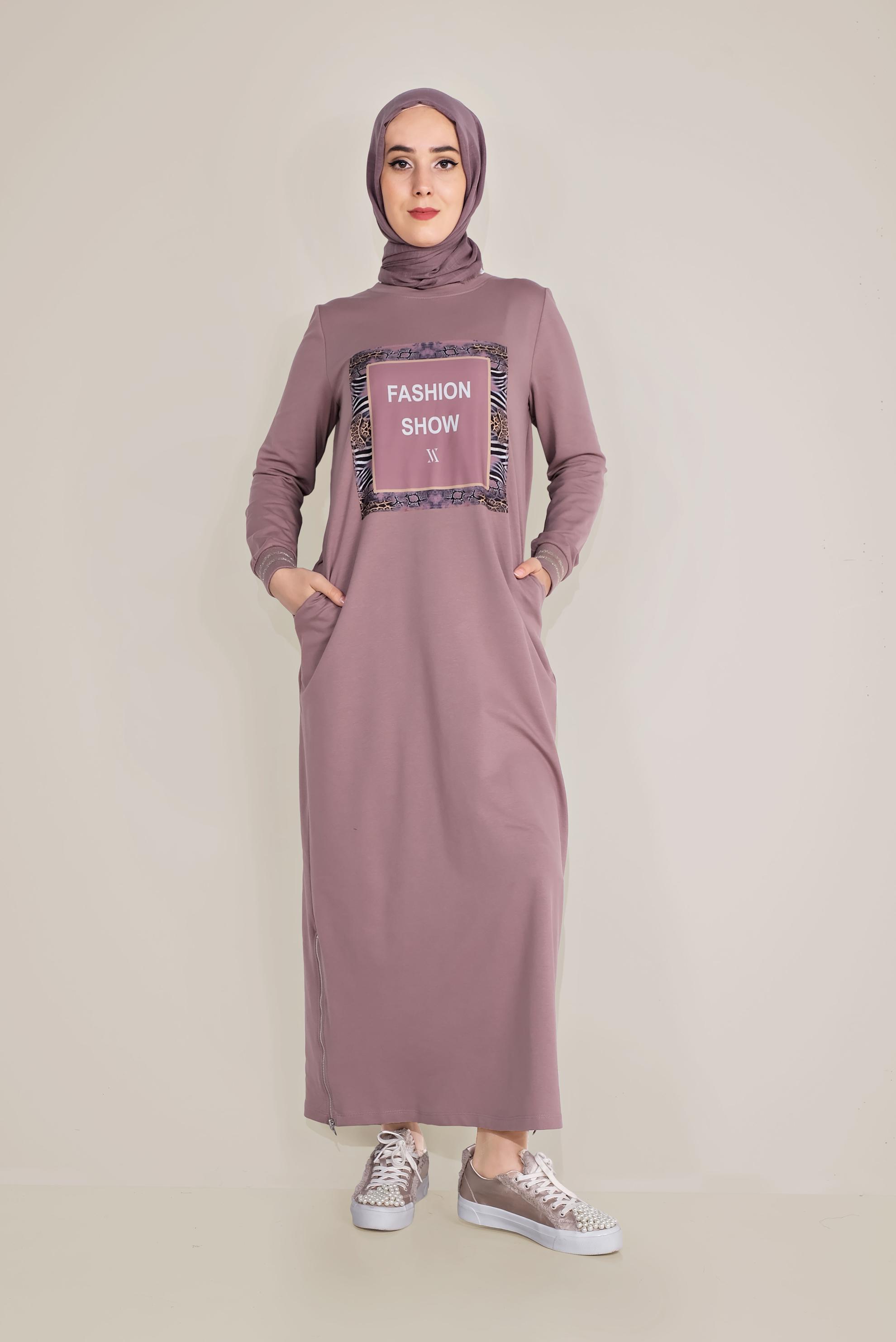 Vêtements hijab ROSE ROBE COMME SURVÊTEMENT EN COTON ÉCRITURE IMPRIMÉ 40609