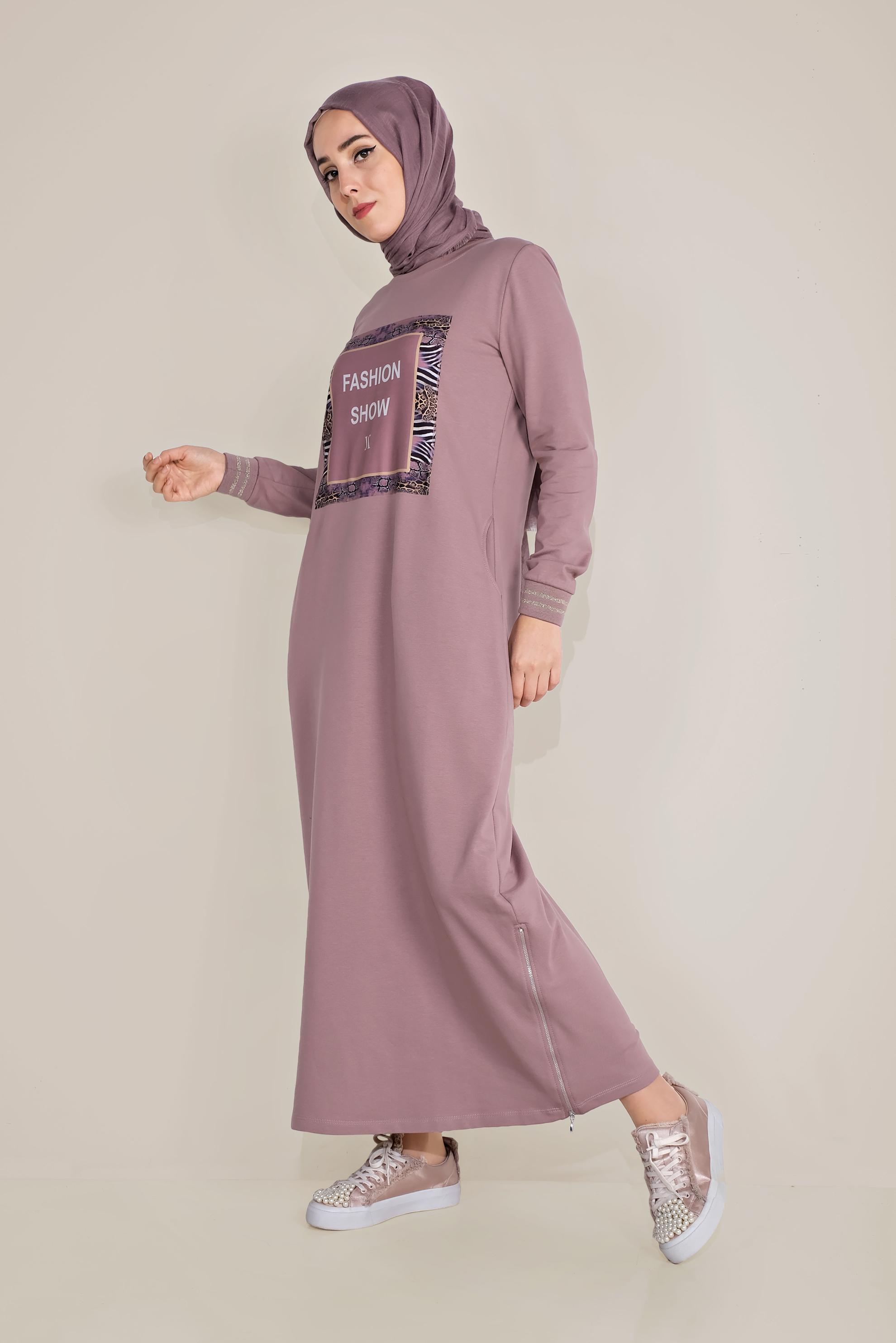 Vêtements hijab ROSE ROBE COMME SURVÊTEMENT EN COTON ÉCRITURE IMPRIMÉ 40609