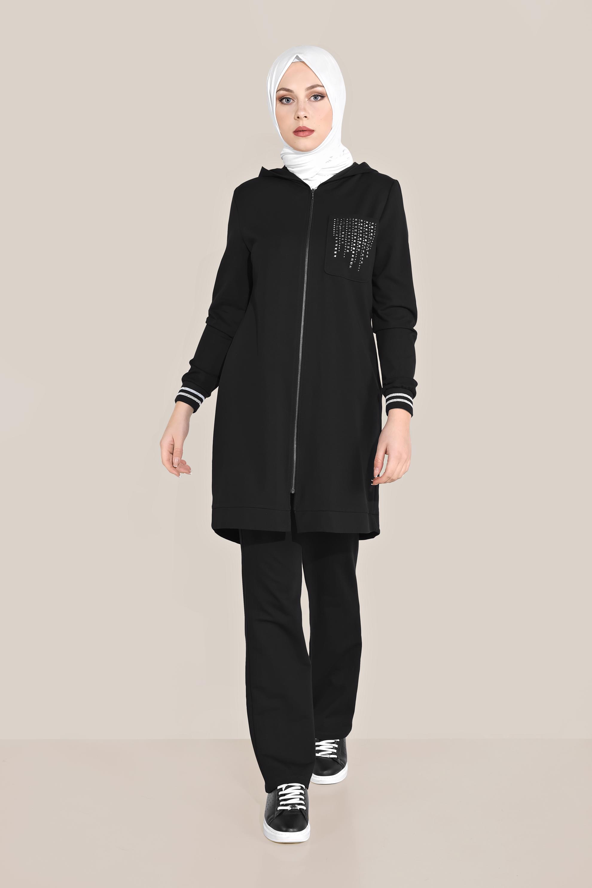 Tesettür giyim SİYAH TAŞ BASKILI İKİLİ PANTOLONLU EŞOFMAN TAKIMI 40611