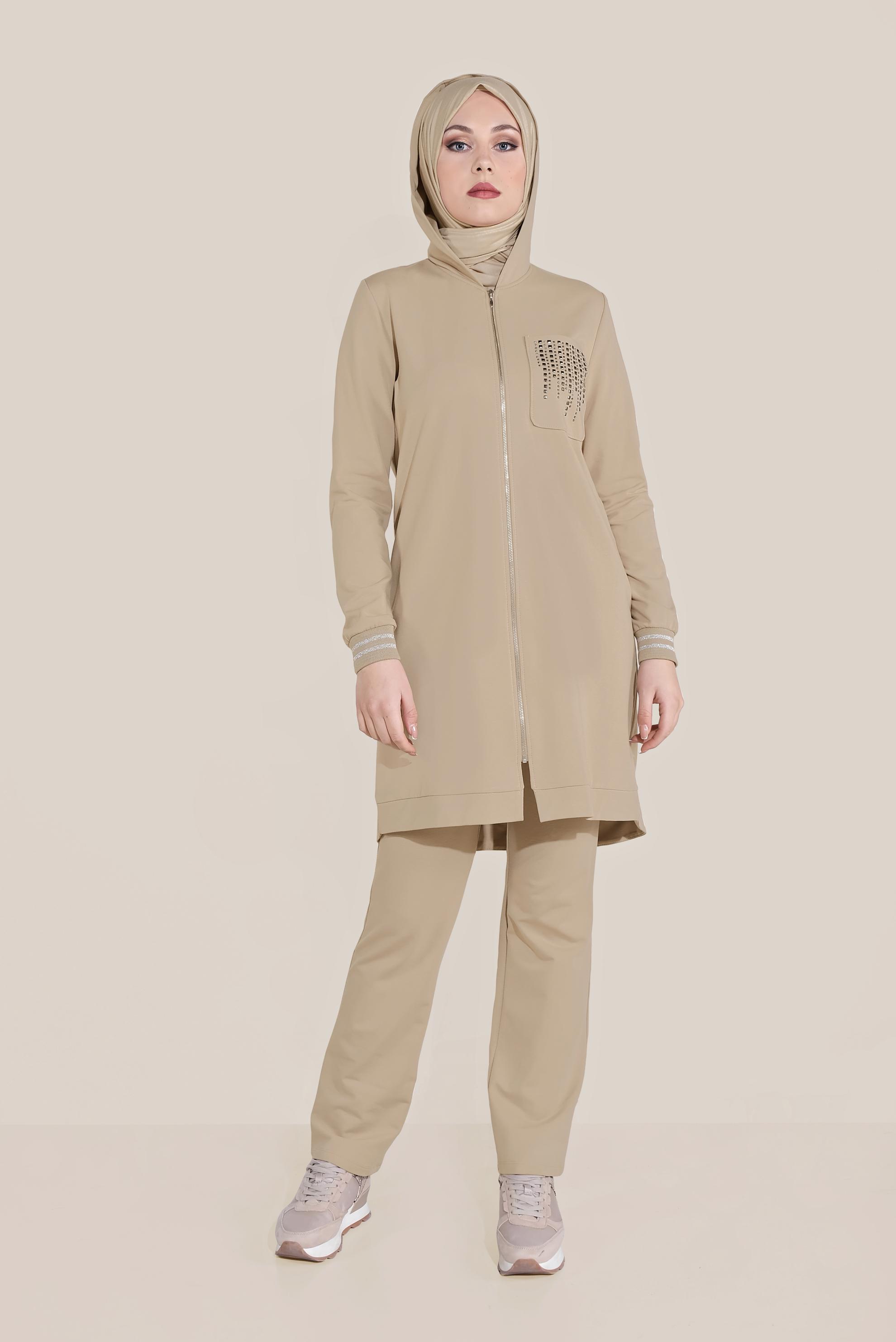 Tesettür giyim BEJ TAŞ BASKILI İKİLİ PANTOLONLU EŞOFMAN TAKIMI 40611