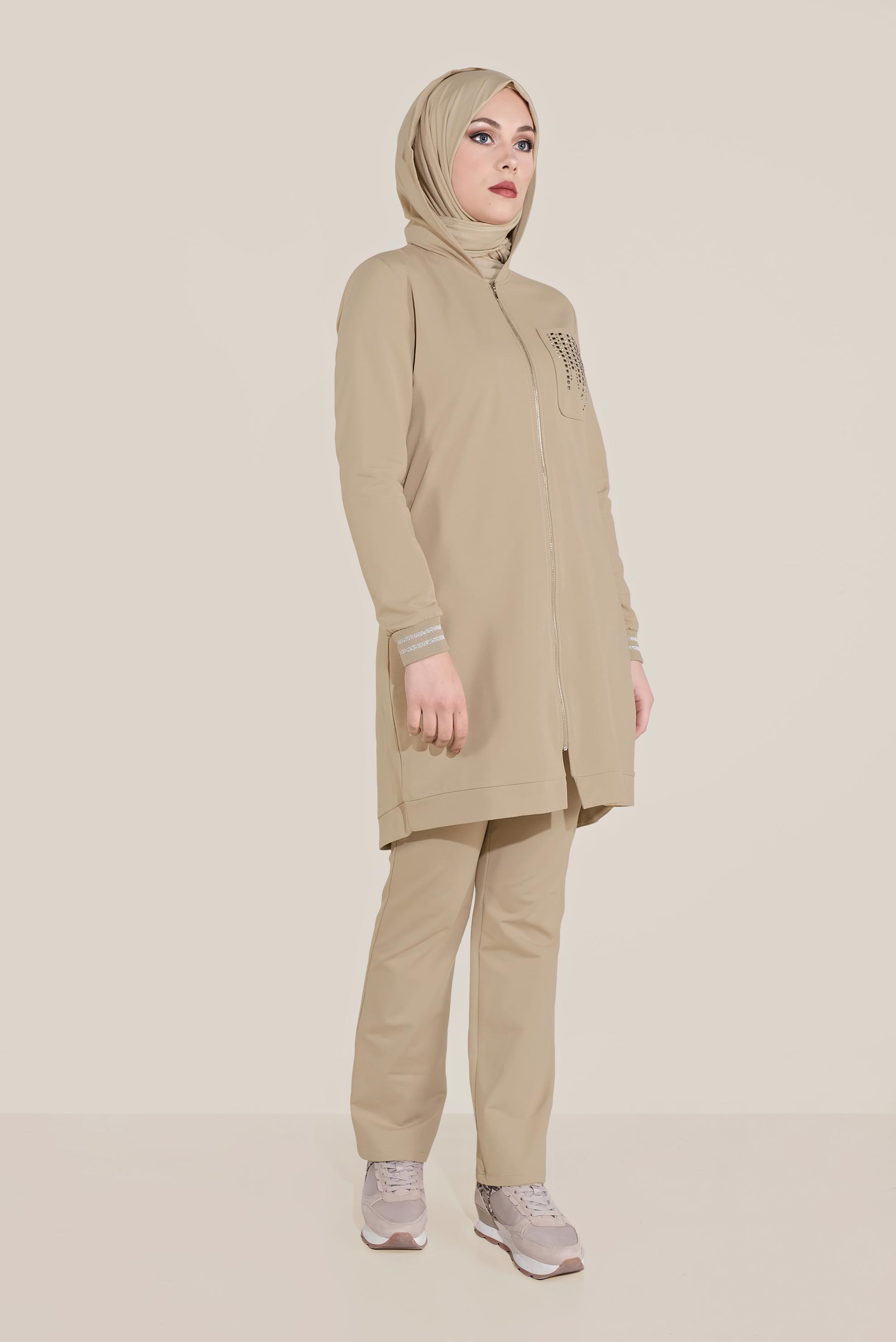 Tesettür giyim BEJ TAŞ BASKILI İKİLİ PANTOLONLU EŞOFMAN TAKIMI 40611