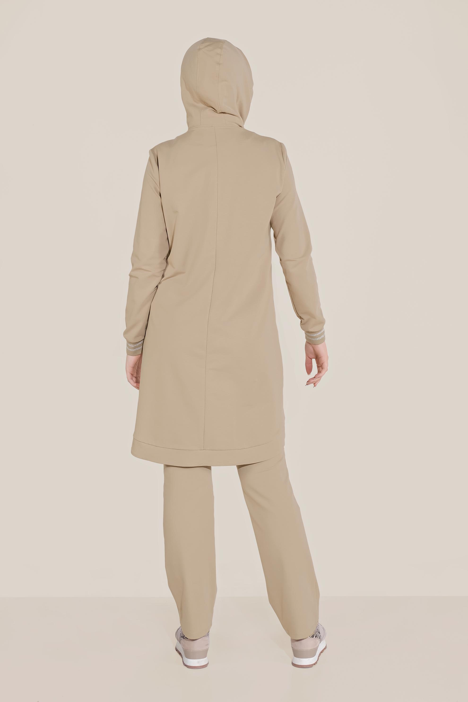 Tesettür giyim BEJ TAŞ BASKILI İKİLİ PANTOLONLU EŞOFMAN TAKIMI 40611