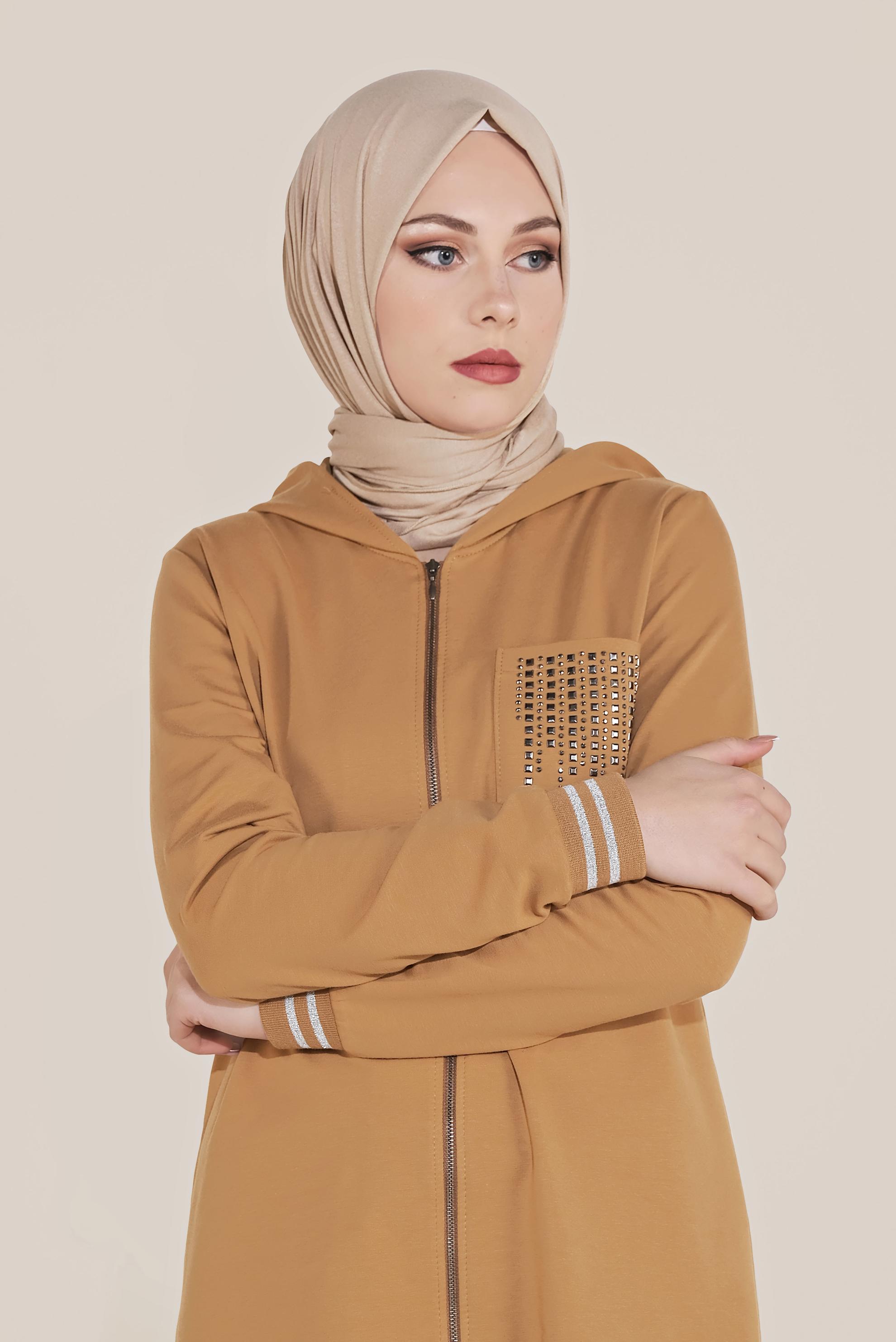 Tesettür giyim SARI TAŞ BASKILI İKİLİ PANTOLONLU EŞOFMAN TAKIMI 40611