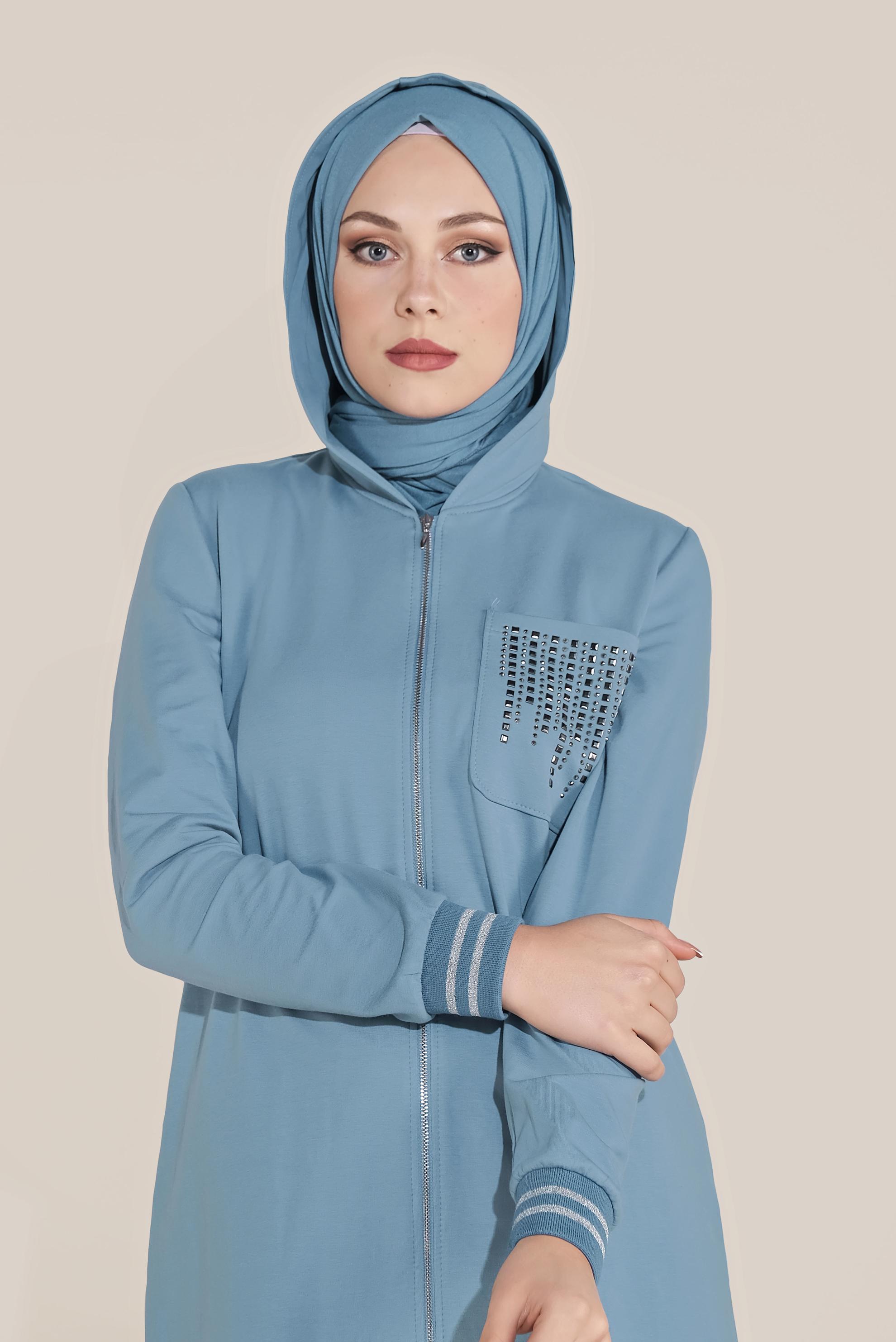 Tesettür giyim MAVİ TAŞ BASKILI İKİLİ PANTOLONLU EŞOFMAN TAKIMI 40611