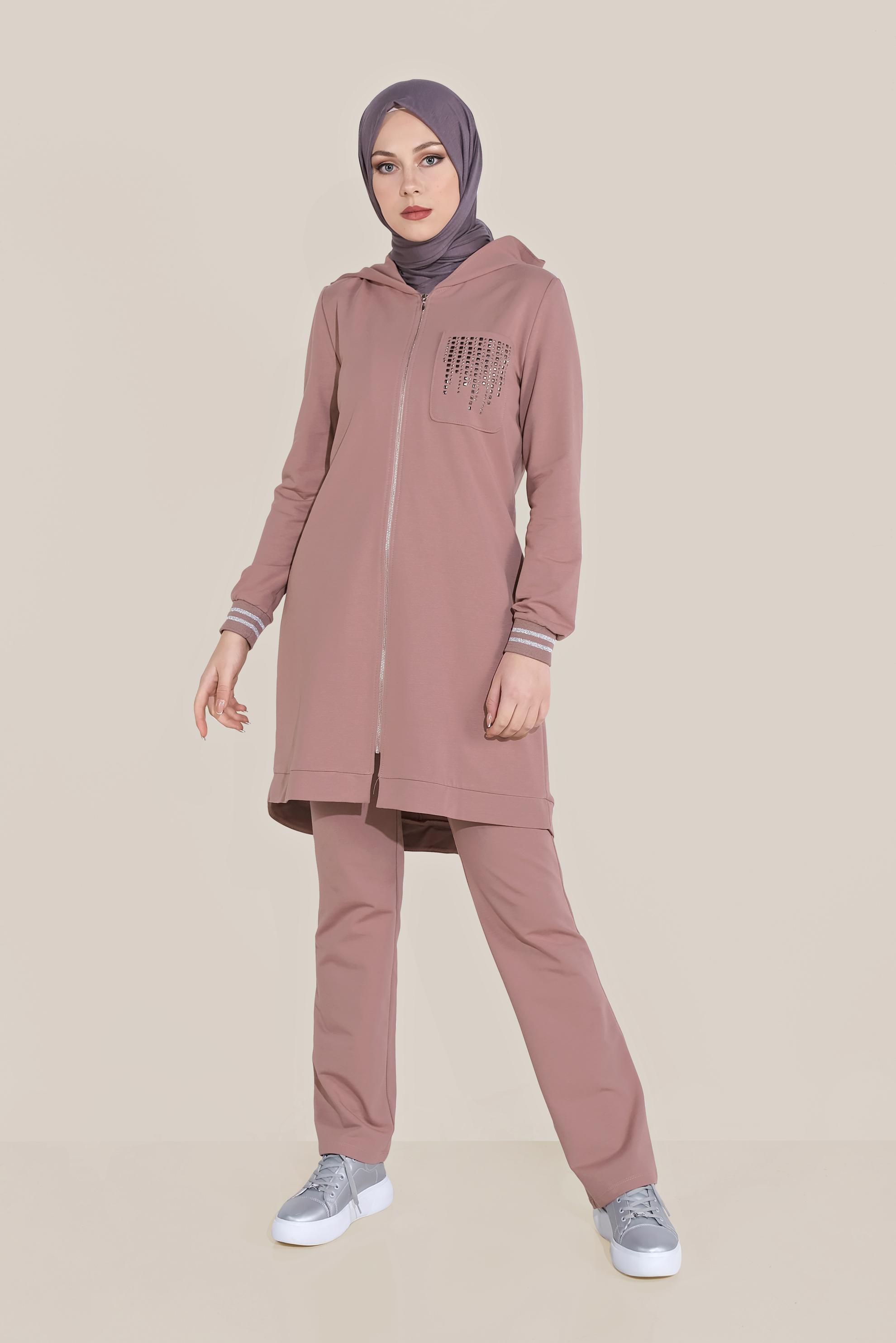 Tesettür giyim PEMBE TAŞ BASKILI İKİLİ PANTOLONLU EŞOFMAN TAKIMI 40611