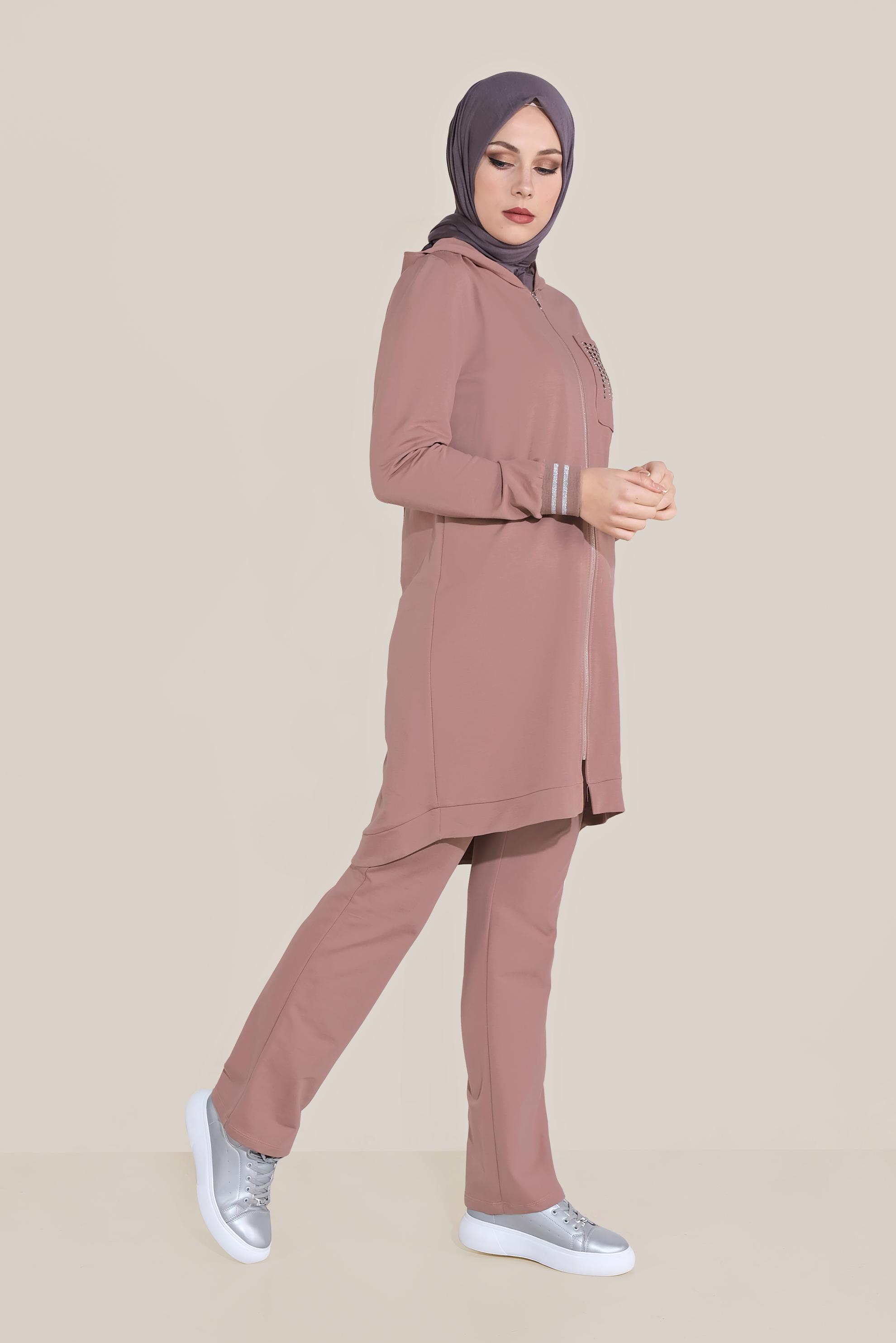 Tesettür giyim PEMBE TAŞ BASKILI İKİLİ PANTOLONLU EŞOFMAN TAKIMI 40611