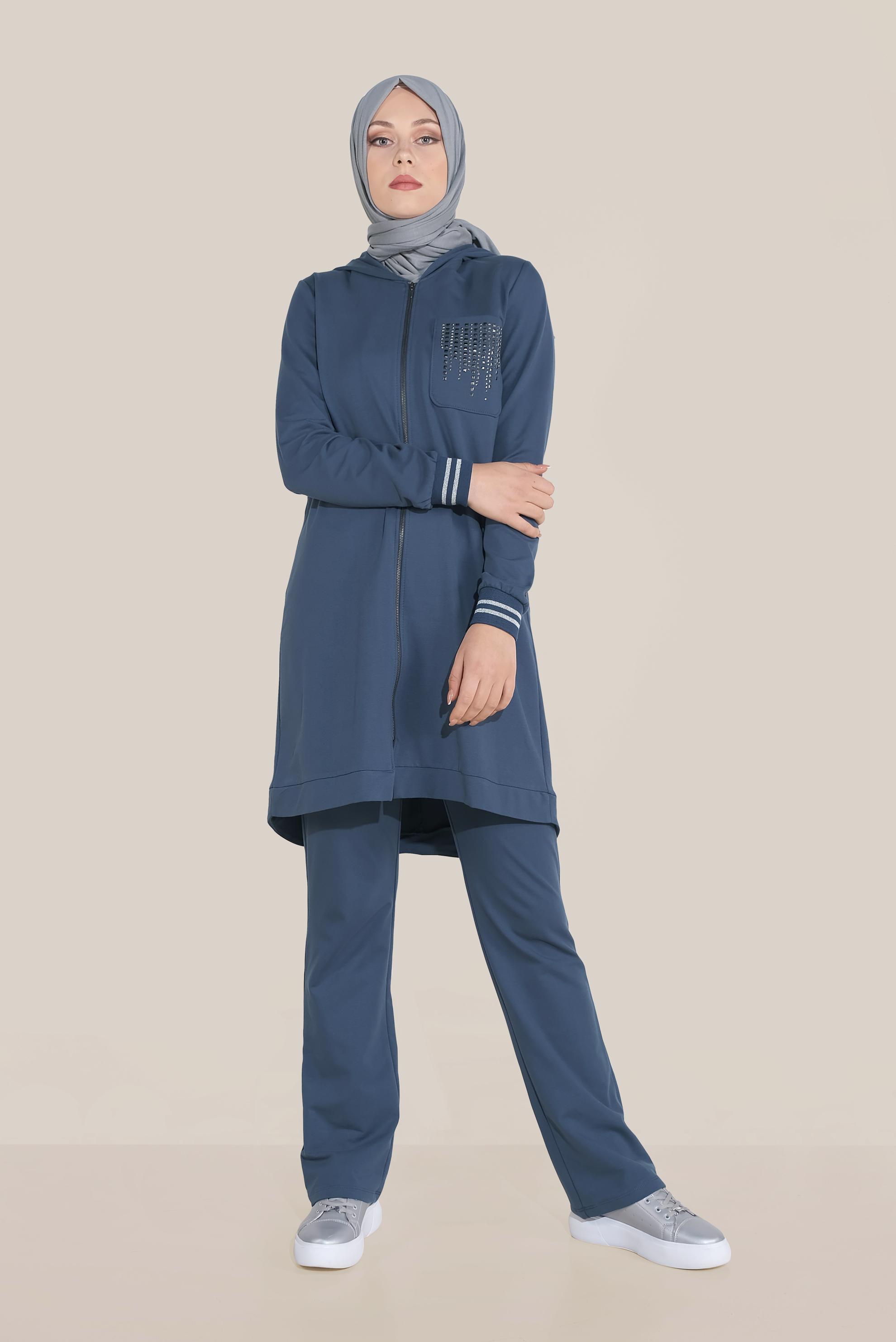 Tesettür giyim LACİVERT TAŞ BASKILI İKİLİ PANTOLONLU EŞOFMAN TAKIMI 40611