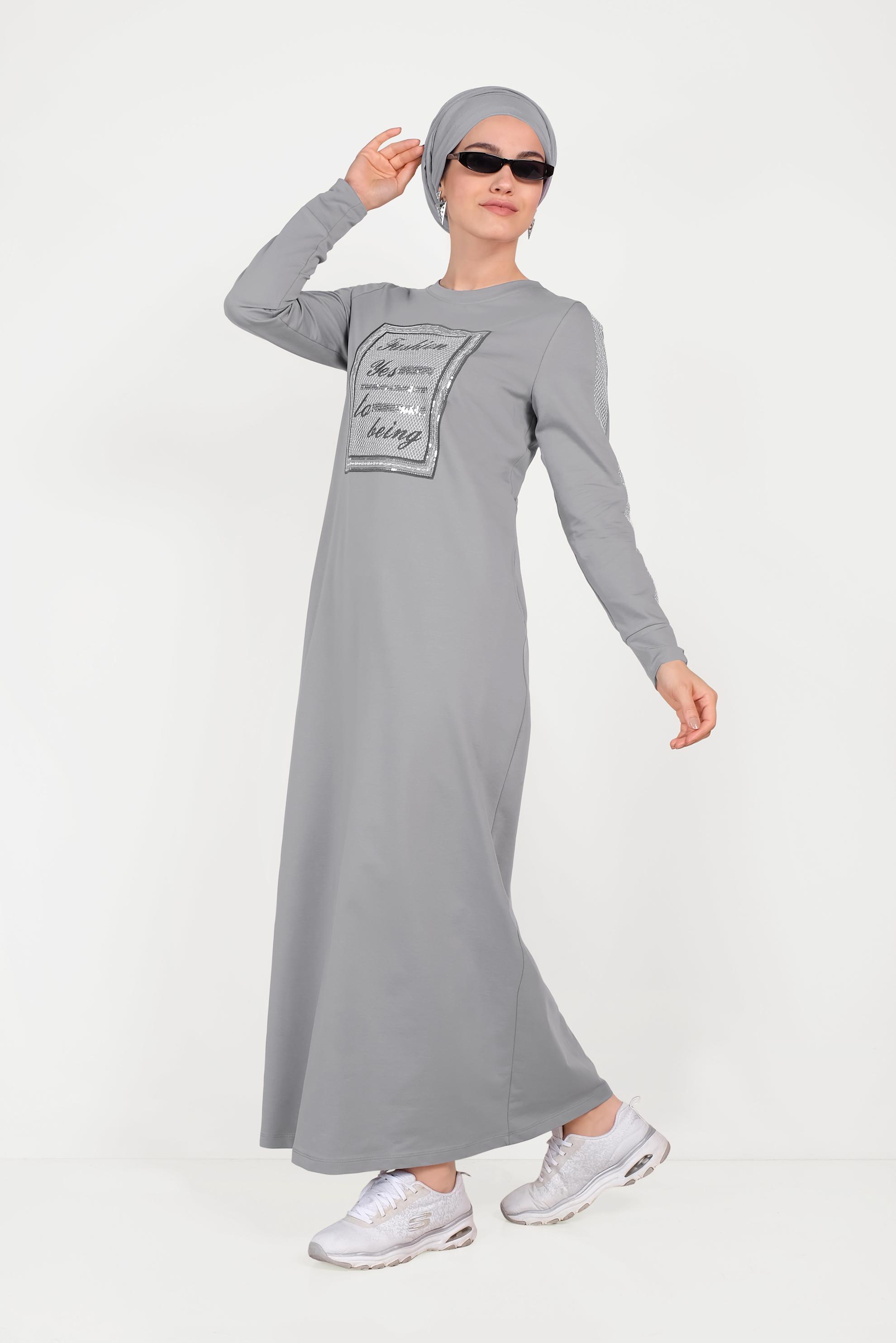 Tesettür giyim GRİ YUVARLAK YAKA PAMUKLU EŞOFMAN ELBİSE 40651