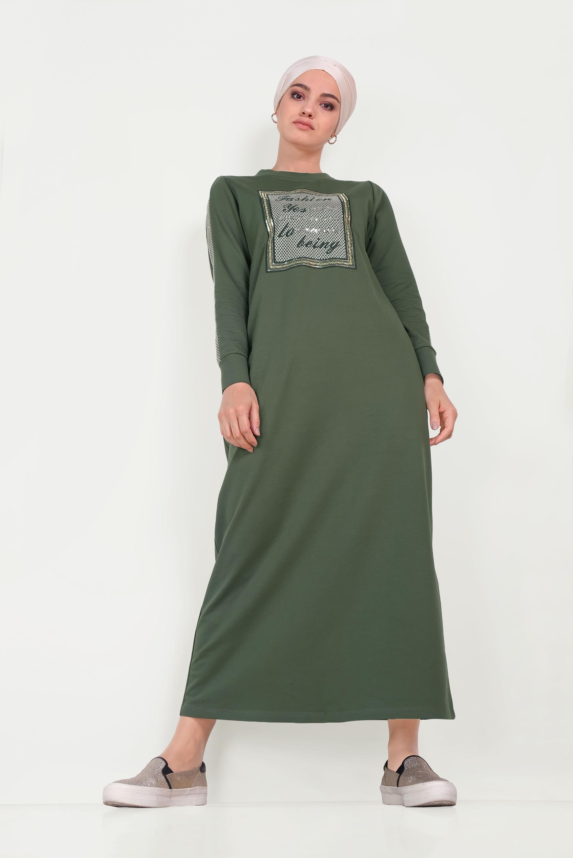 Tesettür giyim HAKİ YUVARLAK YAKA PAMUKLU EŞOFMAN ELBİSE 40651