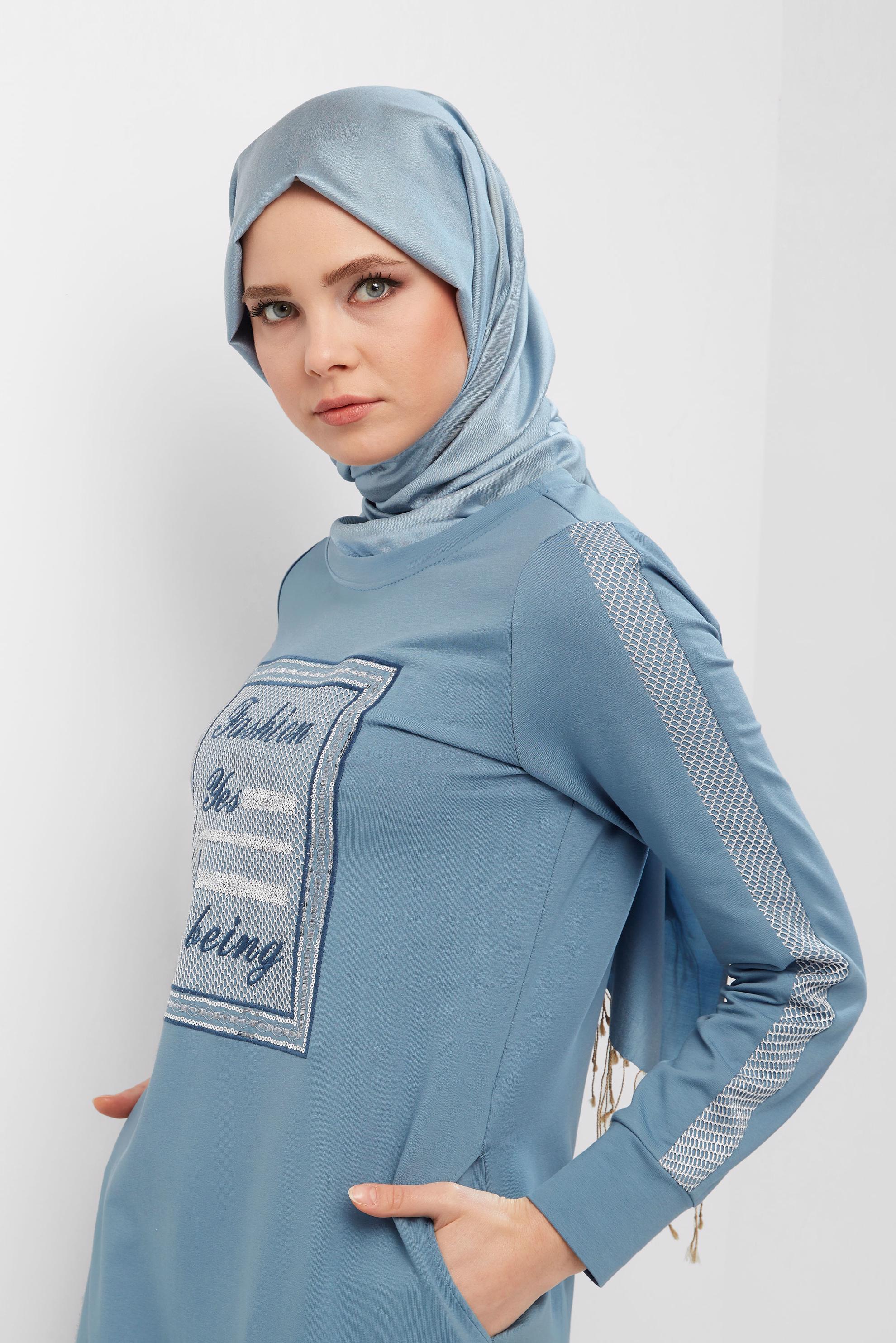 Tesettür giyim MAVİ YUVARLAK YAKA PAMUKLU EŞOFMAN ELBİSE 40651