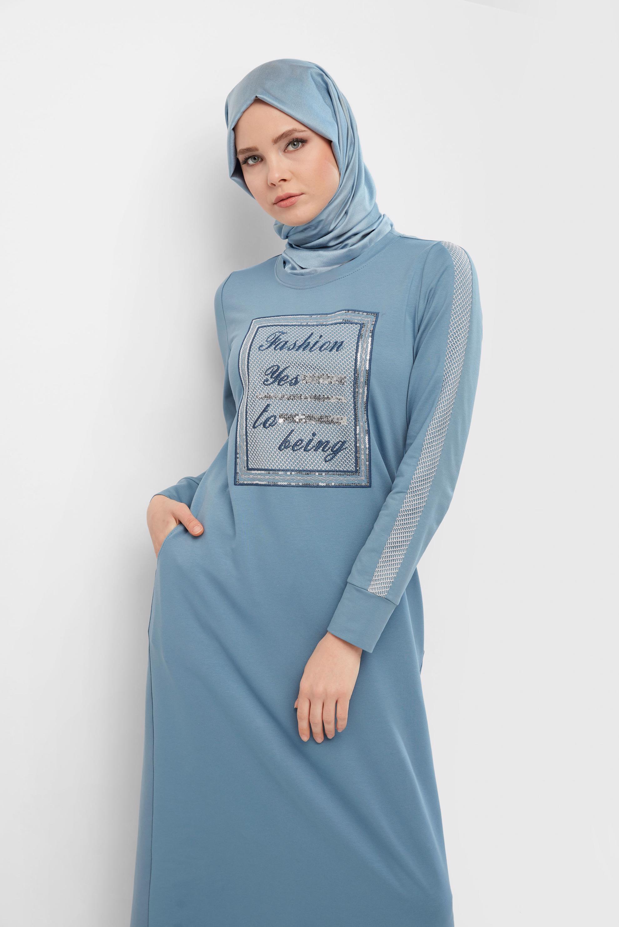 Tesettür giyim MAVİ YUVARLAK YAKA PAMUKLU EŞOFMAN ELBİSE 40651