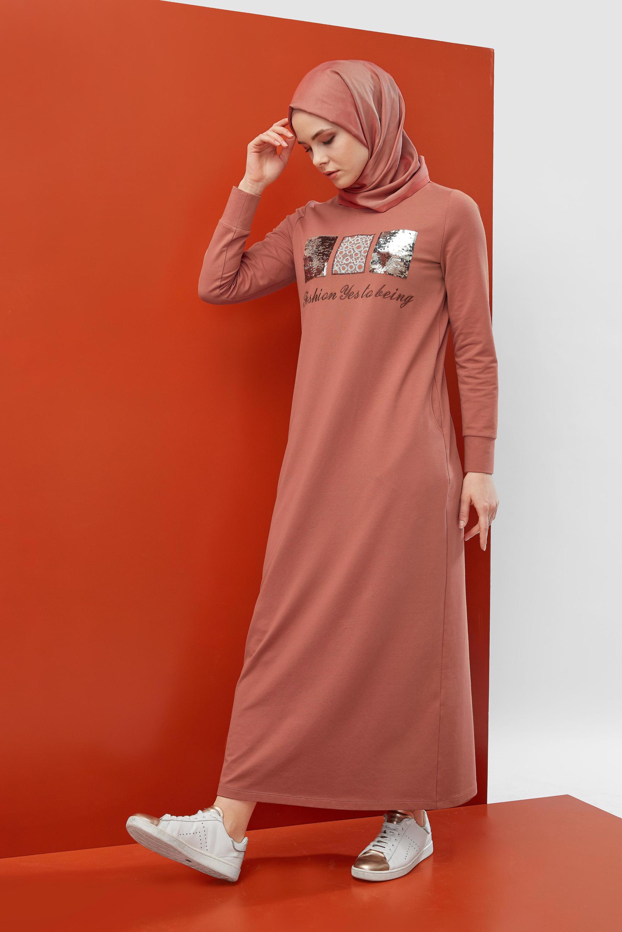 Hijab clothing ORANGE SLOGAN PRINT 2-PIECE TRACKSUIT DRESS 40653