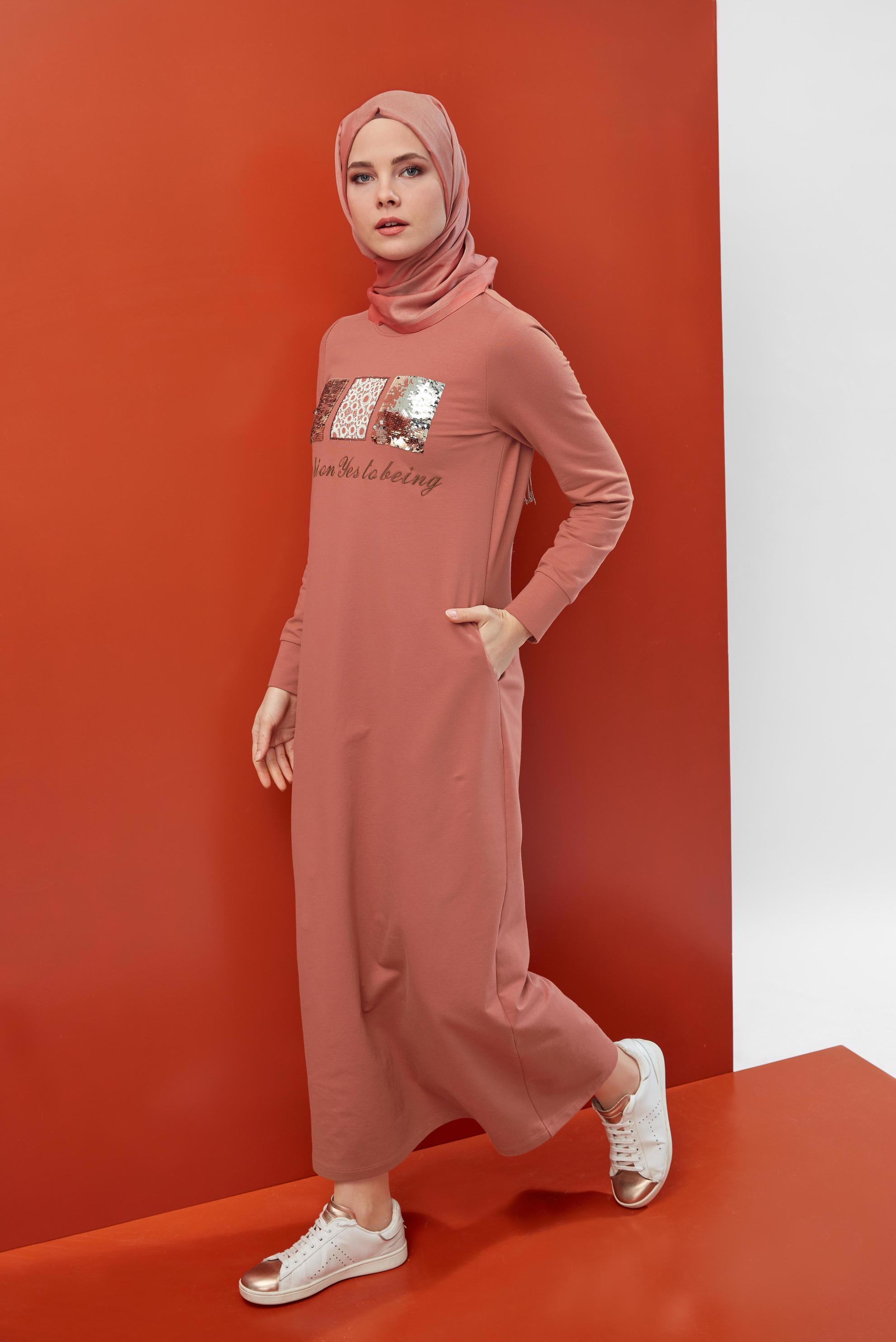 Hijab clothing ORANGE SLOGAN PRINT 2-PIECE TRACKSUIT DRESS 40653