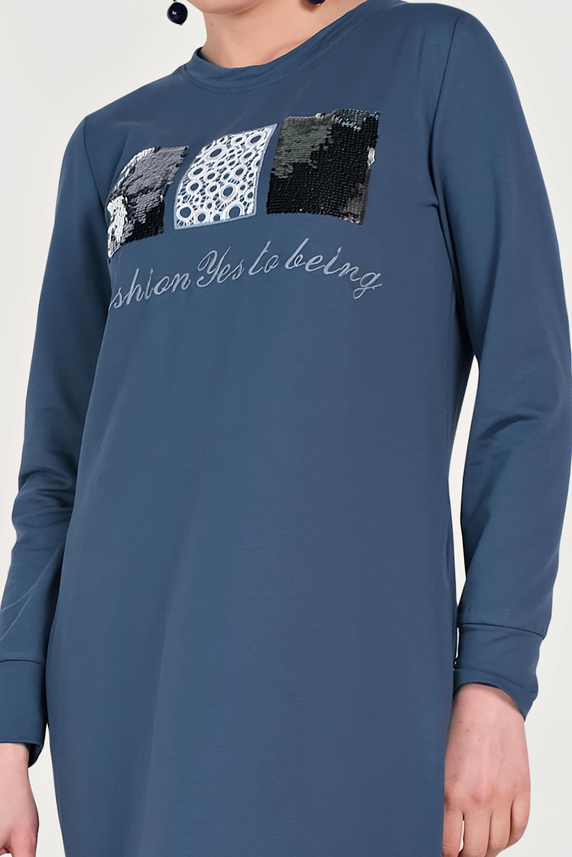 Tesettür giyim LACİVERT PULLU VE YAZI DETAYLI EŞOFMAN ELBİSE 40653