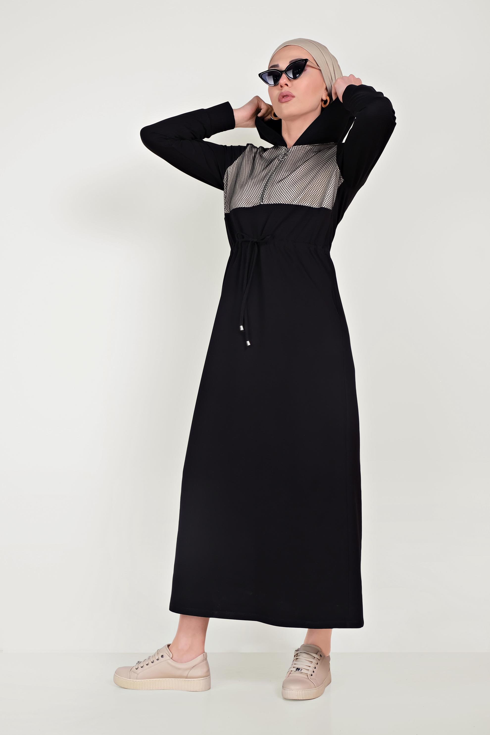 Tesettür giyim SİYAH FİLELİ EŞOFMAN ELBİSE 40654 