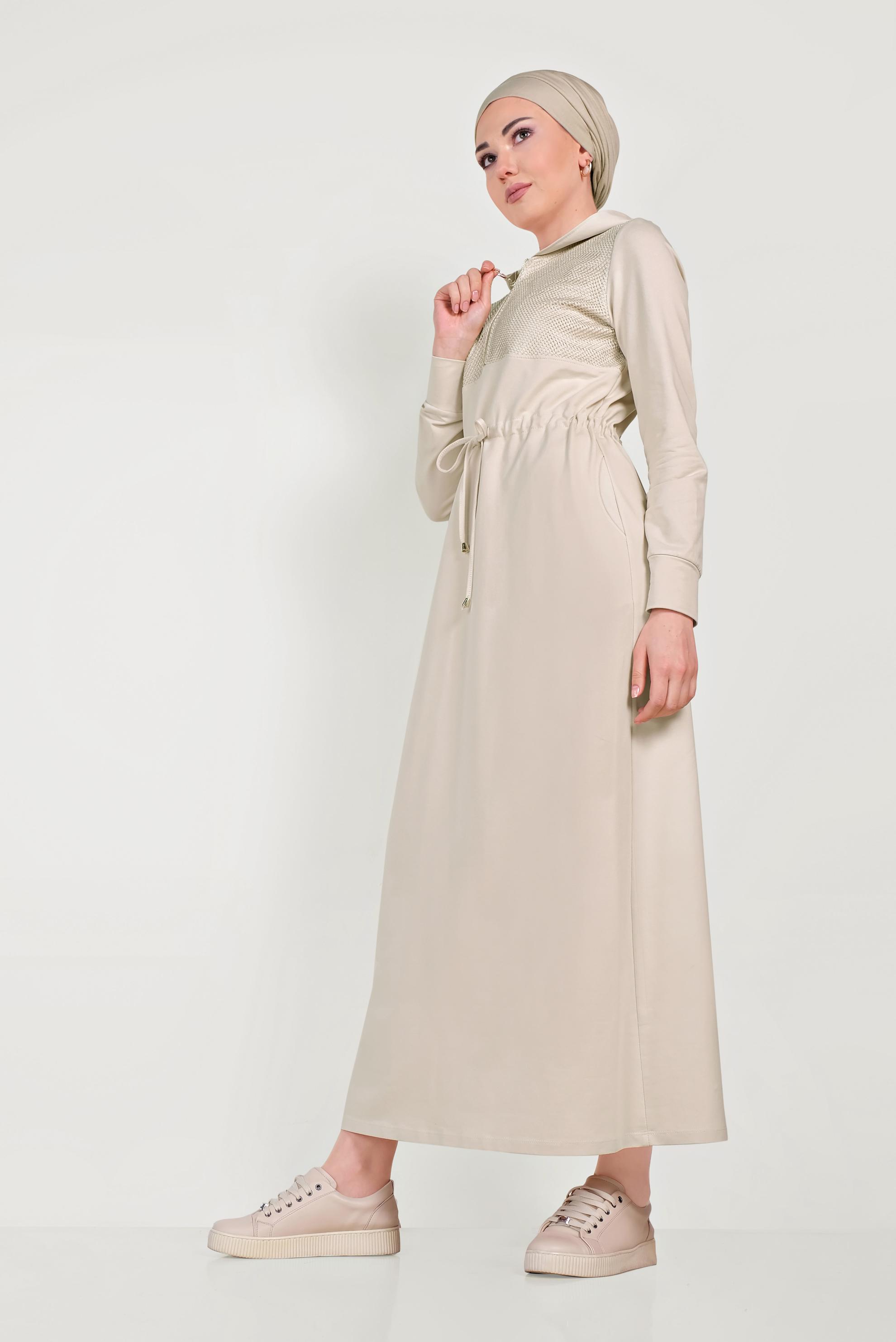 Tesettür giyim BEJ FİLELİ EŞOFMAN ELBİSE 40654 