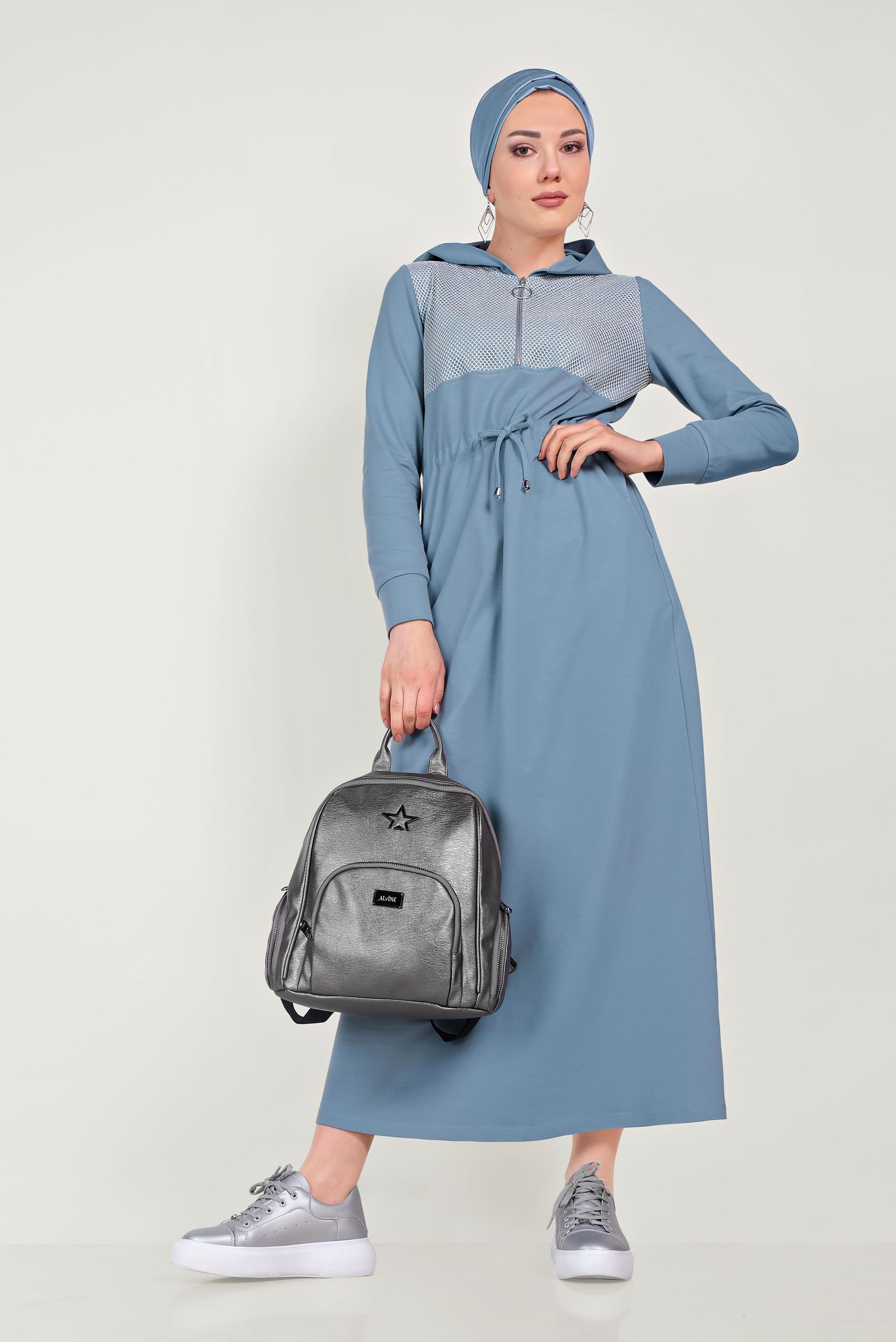 Tesettür giyim MAVİ FİLELİ EŞOFMAN ELBİSE 40654 