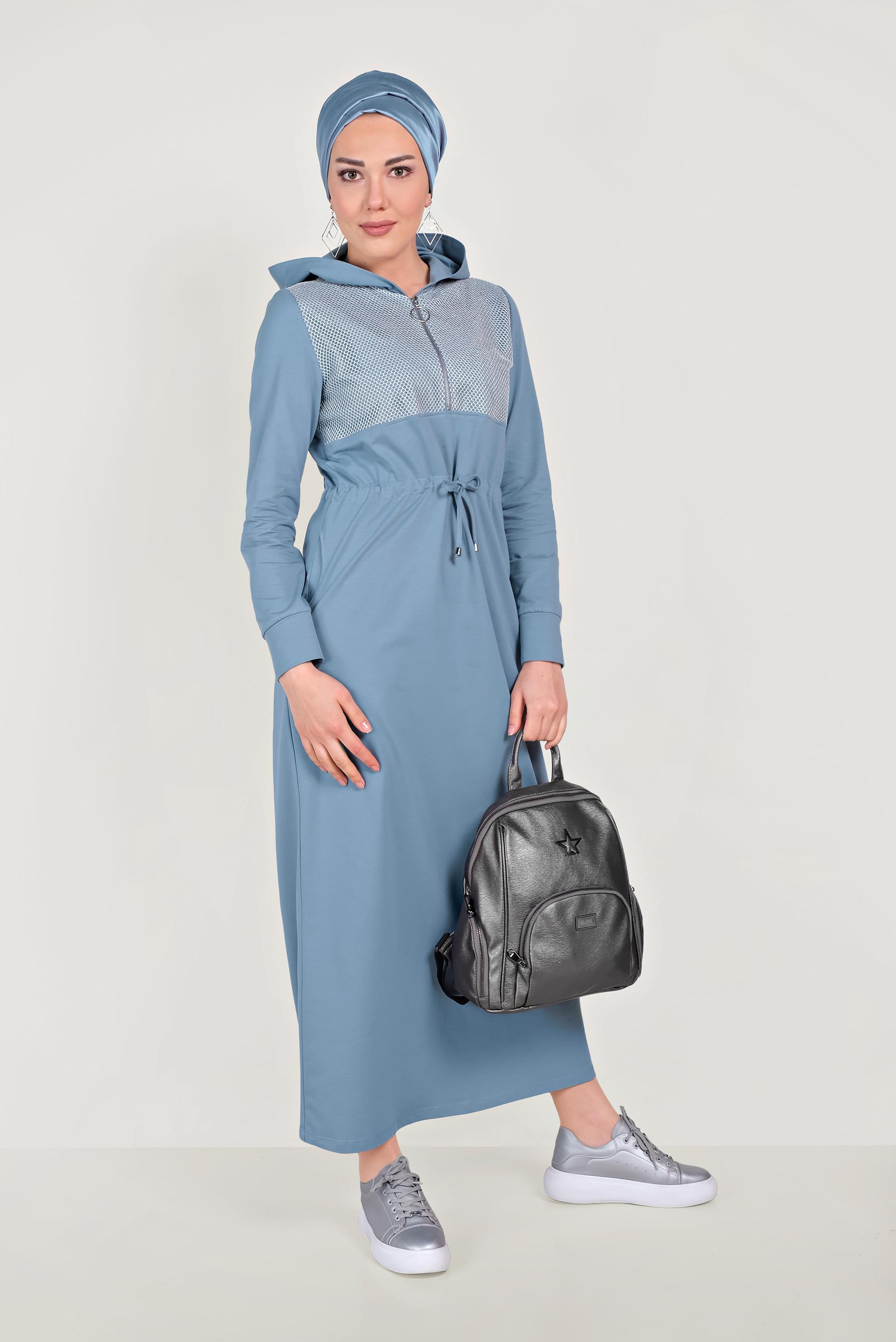 Tesettür giyim MAVİ FİLELİ EŞOFMAN ELBİSE 40654 