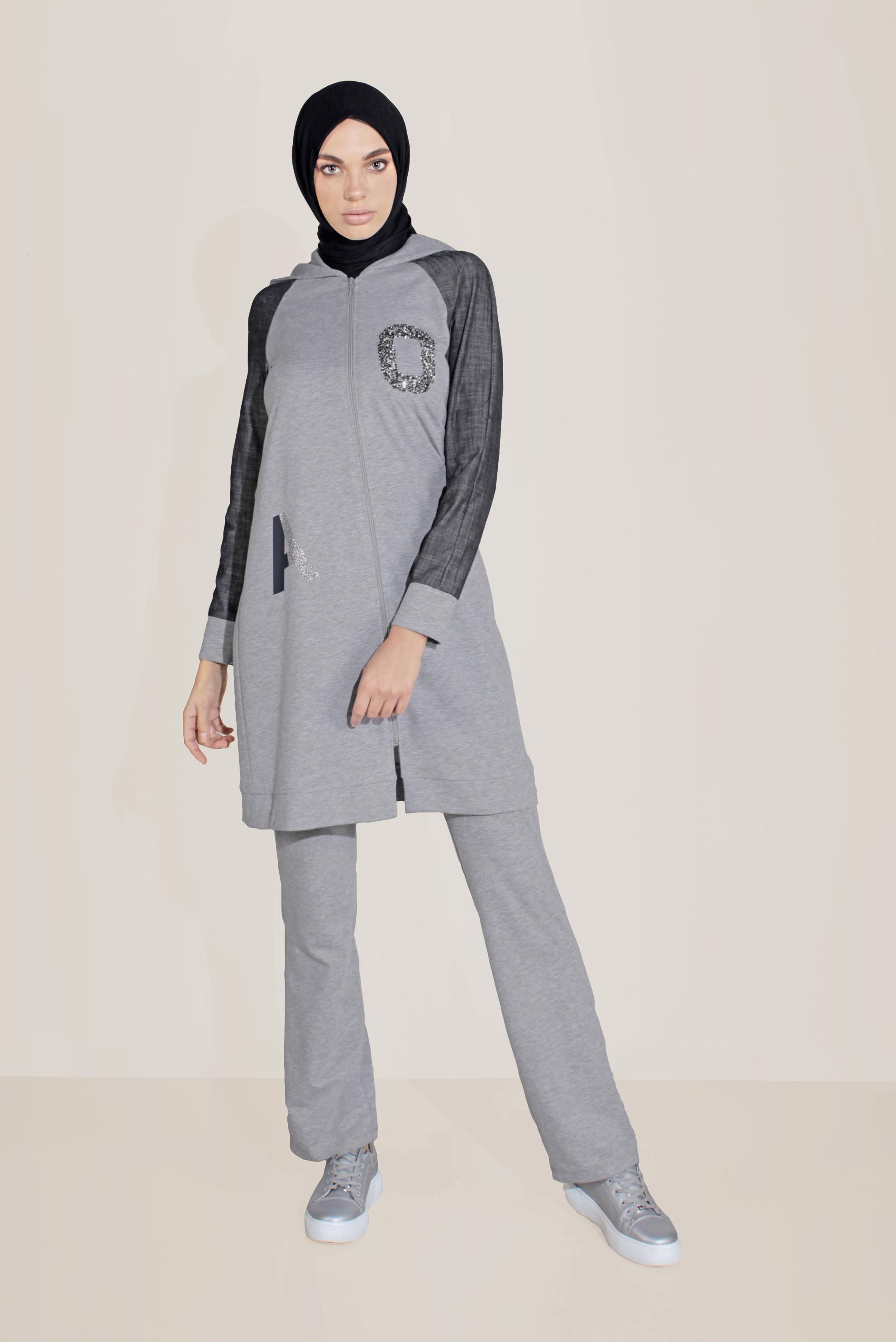 Tesettür giyim GRİ PAMUKLU BASKILI EŞOFMAN TAKIM 40655