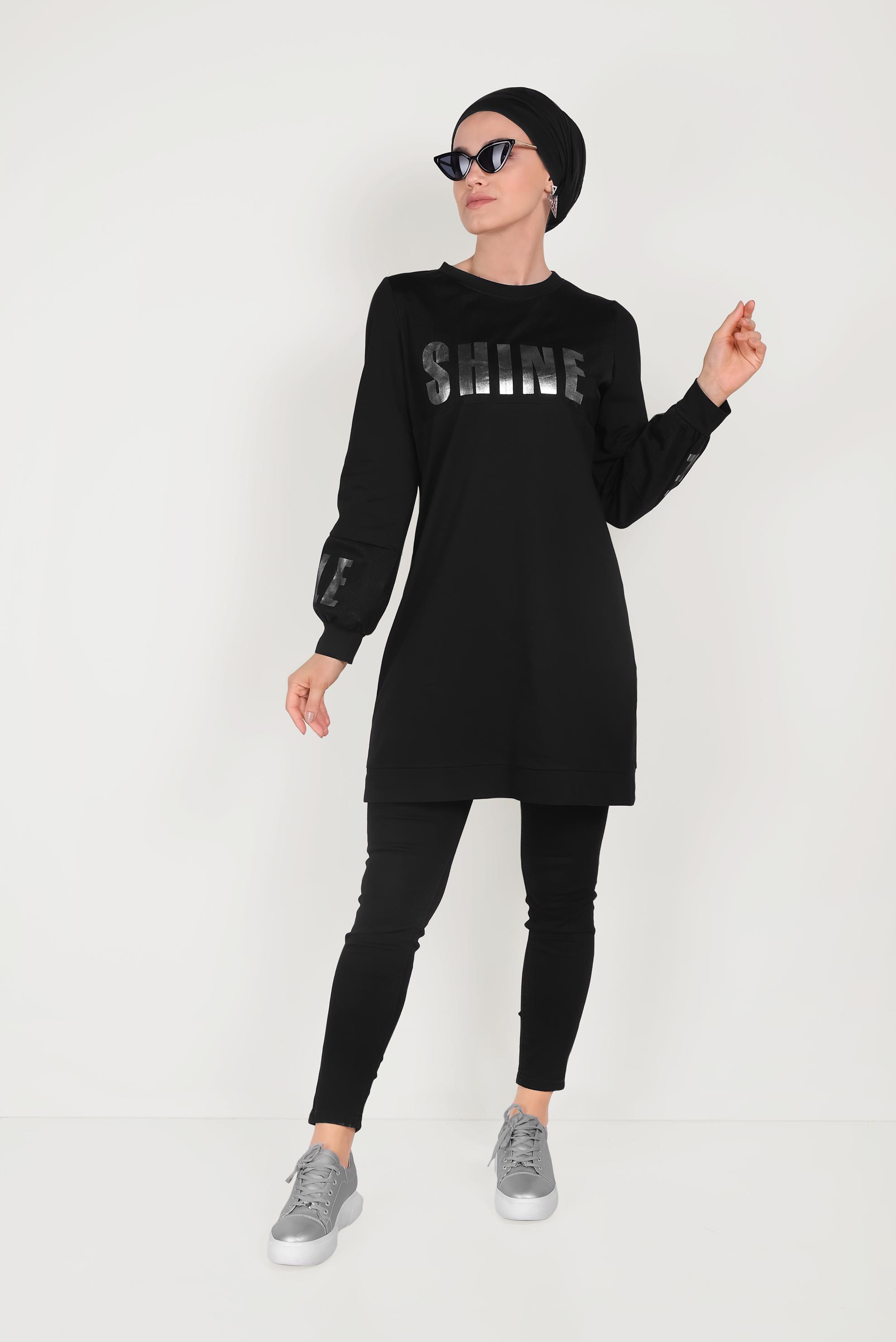 Tesettür giyim SİYAH PAMUKLU MANŞETLERİ LASTİKLİ BASKILI EŞOFMAN TUNİK 40656 