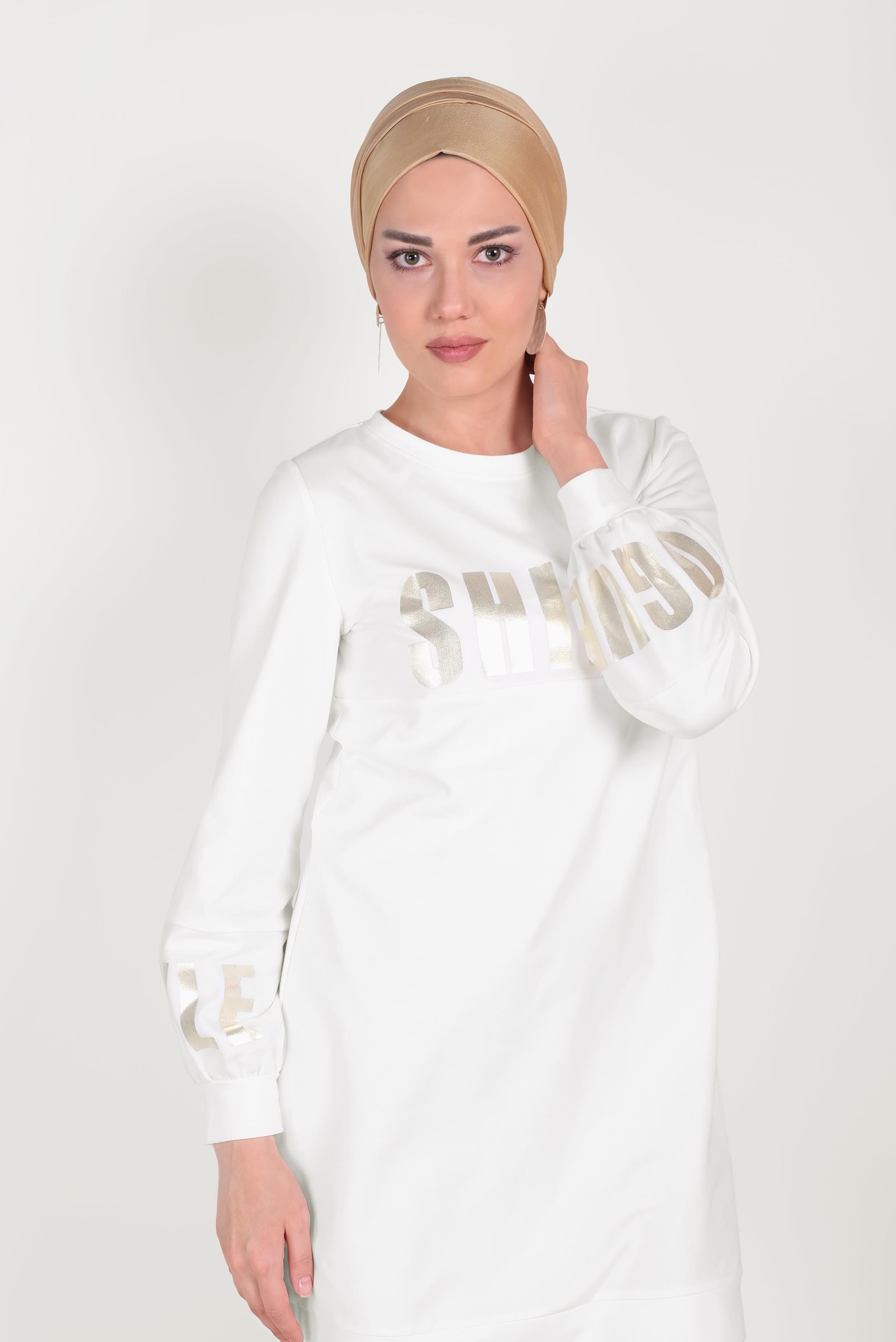 Tesettür giyim BEYAZ PAMUKLU MANŞETLERİ LASTİKLİ BASKILI EŞOFMAN TUNİK 40656 